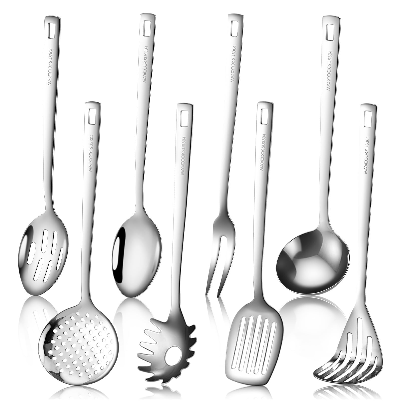 Lot de 8 ustensiles de cuisine en acier inoxydable 18/8 - Écumoire durable - Louche - Cuillère de service pour la cuisine (passe au lave-vaisselle)
