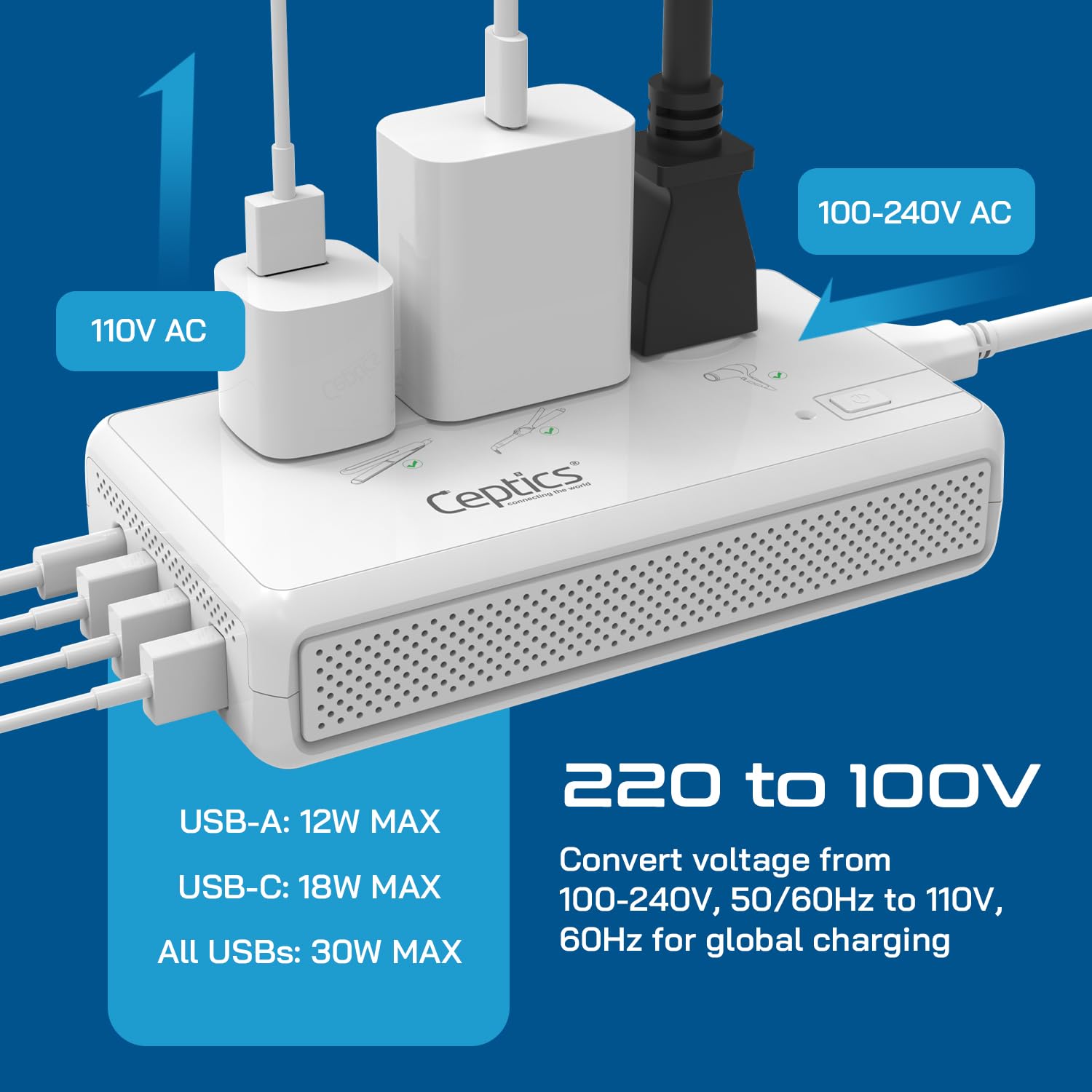 Ceptics - Convertitore di tensione da viaggio, convertitore da 220 V a 110 V con tipo C, E/F, G, prese I, uscita da 2000 W per asciugacapelli, 4 USB con 1 USB-C PD da 18 W a ricarica rapida, per