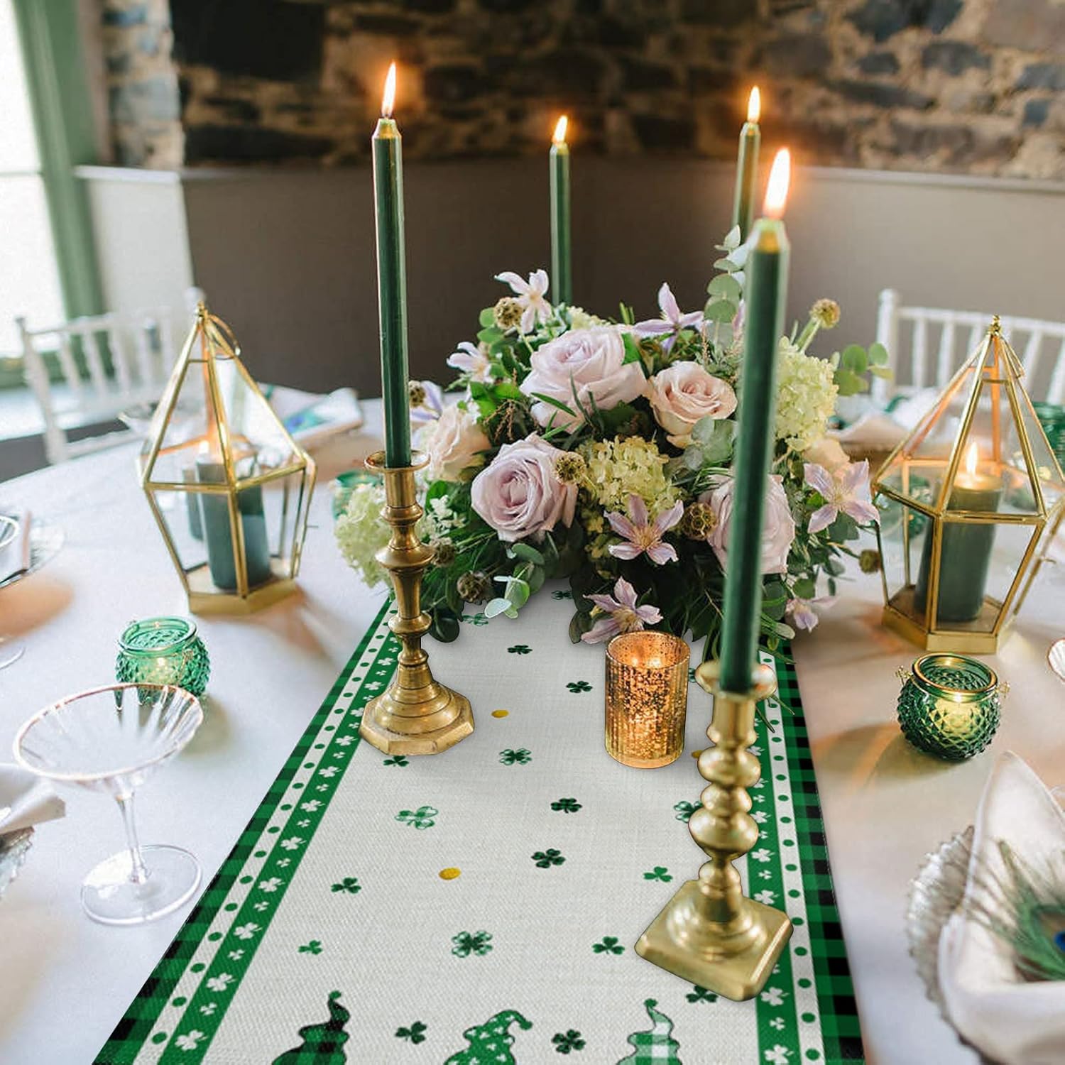 St. Patrick's Day Gnome Table Runner Green Shamrock Lucky Clover Dresser Scarves Green Plaid Table Runners Buffalo Check Decorative Runners for St.Patrick's Day, Spring Parties, 18x72 inch