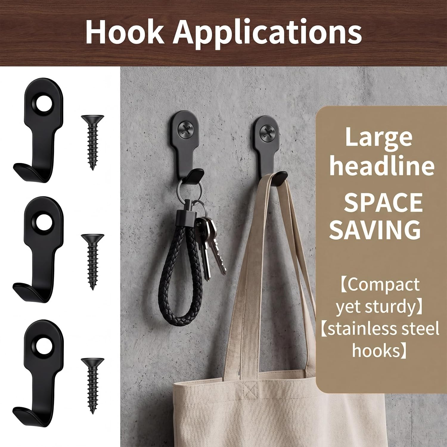 Small Wall Hooks, 20 PCS Metal Small Hooks for Hanging with Screws Black Small-Hook Stainless Steel Key Hook for Hanging Key, Hat, Cup, Coat, Picture