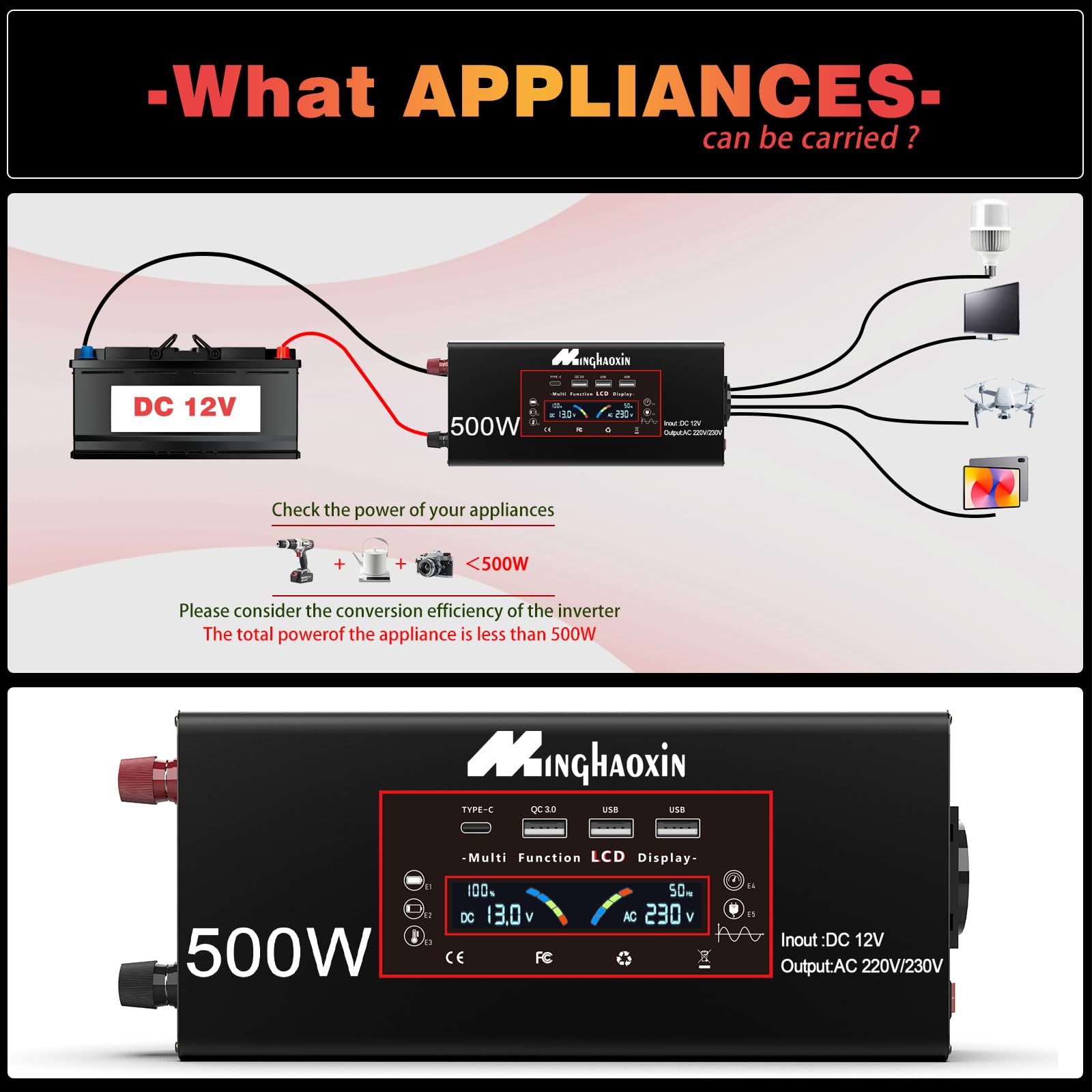 500W/1000W Wechselrichter 12v auf 230v Reiner Sinus Spannungswandler Mit EU Steckdosen Und 3 USB Und Netzkabel Und LCD 500w Kfz Inverter Für Camping-Einsatzfahrzeuge, LKW Und Wohnmobile