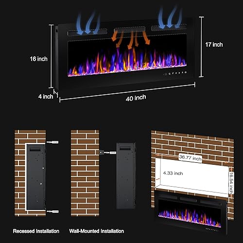 Miniatura 5 de BETELNUT Chimenea eléctrica de 40 pulgadas montada en la pared y empotrada con control remoto calentador de chimenea de pared ultrafino de 7501500 W