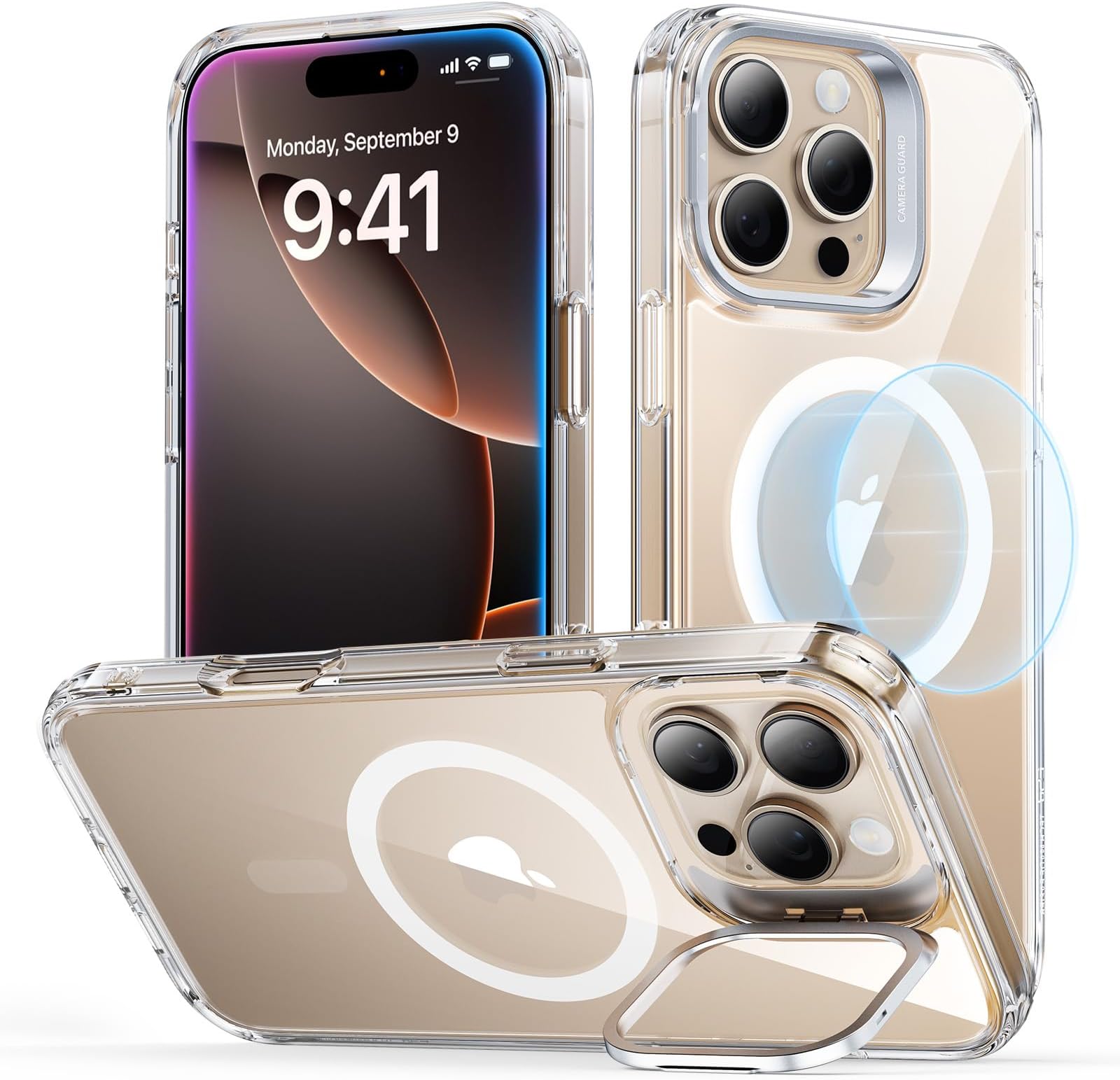 for iPhone 16 Pro Max Case, Compatible with MagSafe, Military-Grade Protective Case, Built-in Stash Stand Phone Case, Scratch-Resistant Back Cover, Classic Series, Clear
