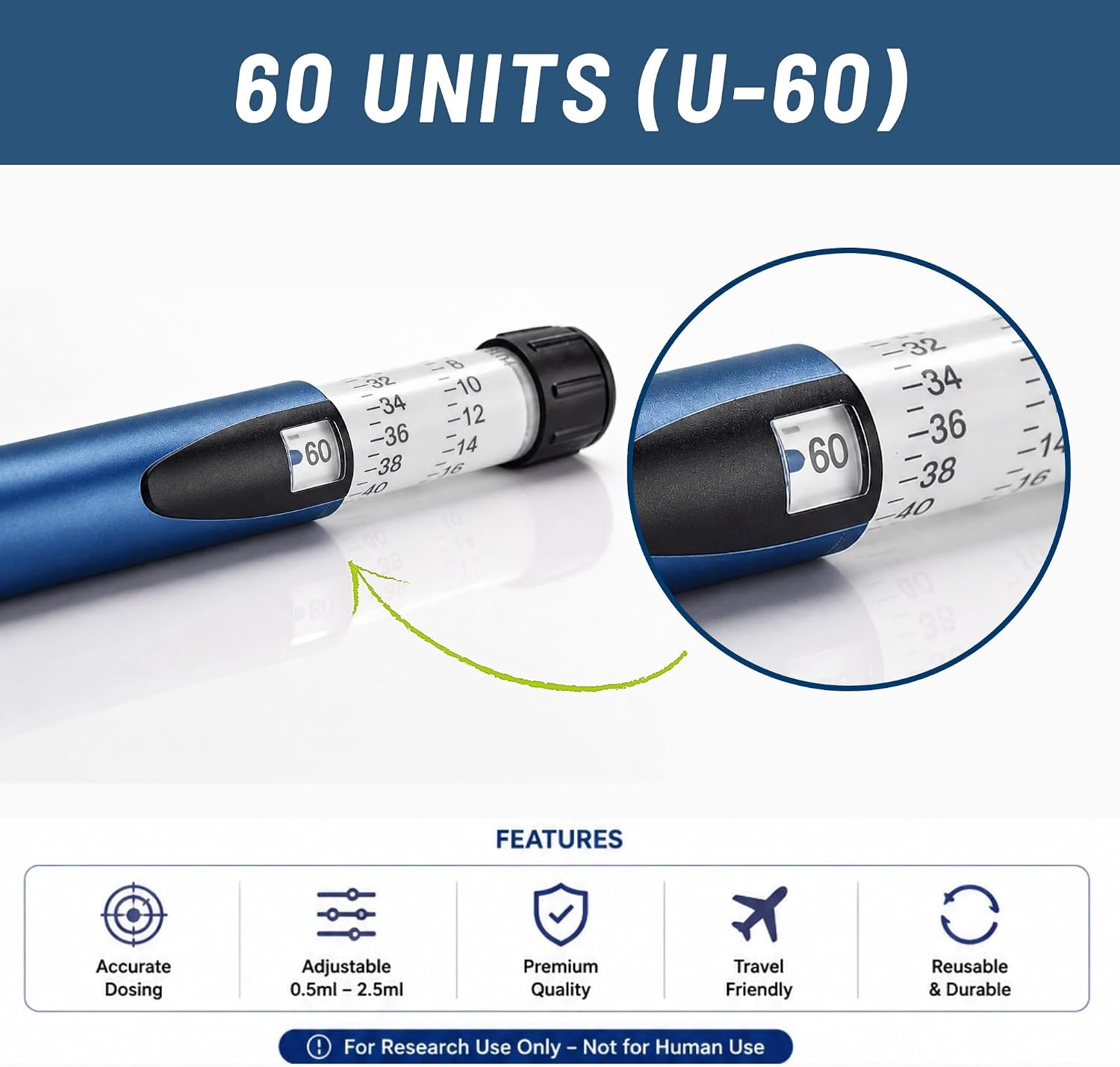 60 Unit Reusable V2 Peptide Pen (Dark Blue)- with 2pcs 3mL Cartridges- and 1 Protective Travel Case– Precision Dosing & Portable Design