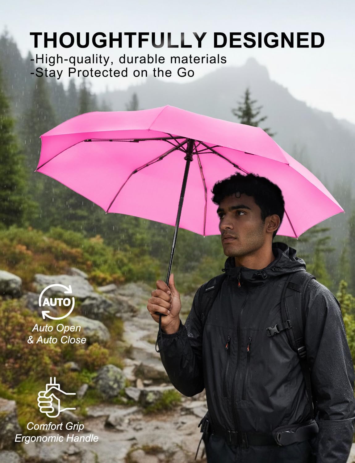 SoulRain Travel Umbrella - Compact Umbrella for Rain - Perfect Large Auto Folding Umbrella - Ideal Car umbrella, Small umbrella, and Travel Companion