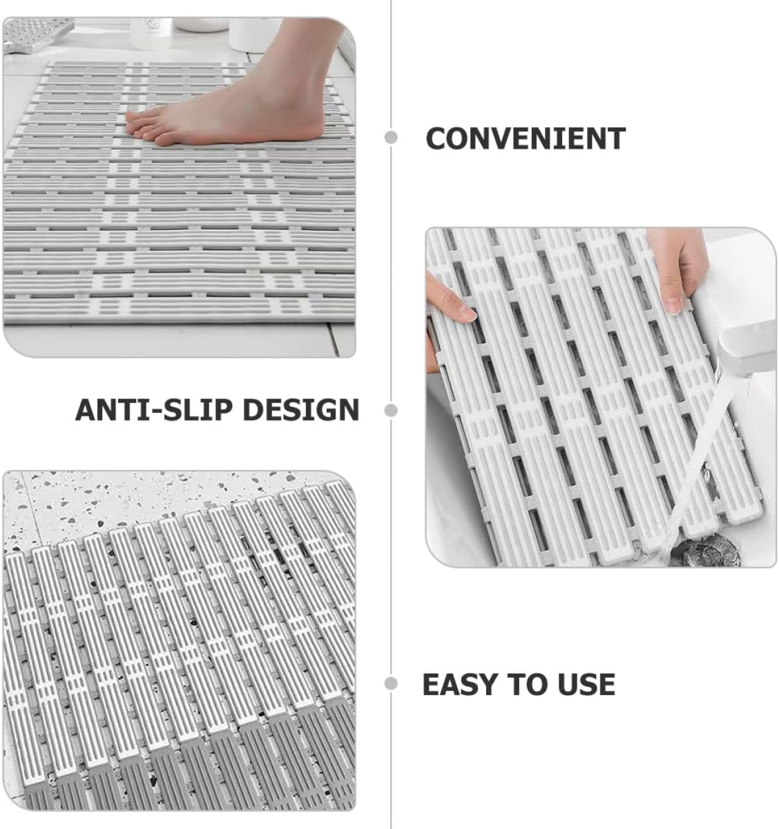 Cabilock Anti-Slip Bathroom Mat with Suction Cups Cuttable Non-Skid Shower Floor Pad TPE Wear-Resistant Bath Mat with Drainage Light Gray for Bathtubs Saunas Hotels Elderly Safety