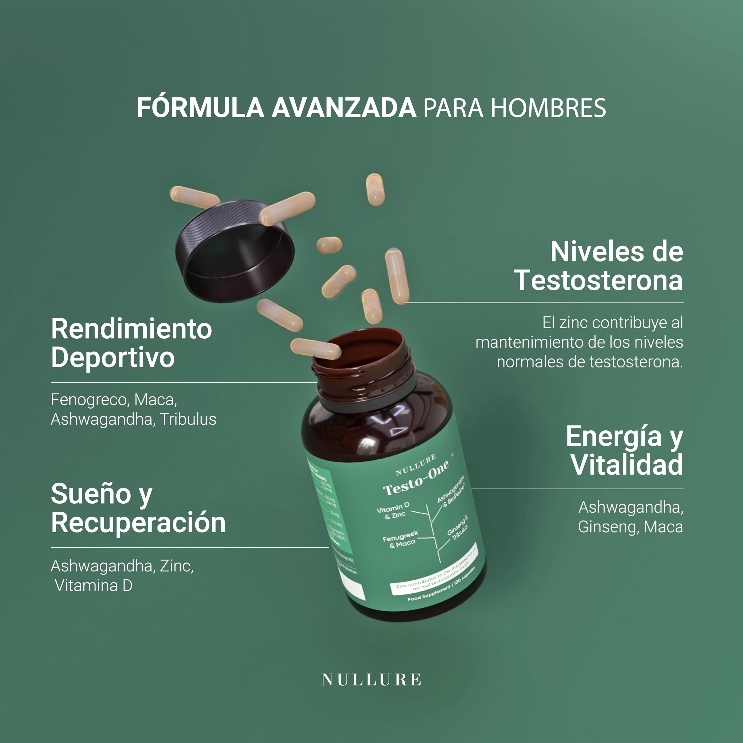 Nullure Testosterona Hombre Natural | Vegano | Testado en laboratorio alemán | Rendimiento · Musculación · Energía I Tribulus Terrestris + Maca + Ashwagandha + Zinc |120 caps