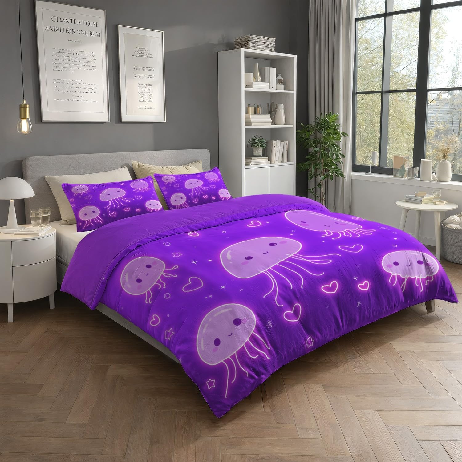 Zestaw pościeli Anime 180 x 220 cm urocza kreskówka meduza fioletowy różowy zestaw pościeli 2-osobowy zestaw poszewek z mikrofibry bawełna z zamkiem błyskawicznym i 2 poszewkami na poduszki 65x65cm