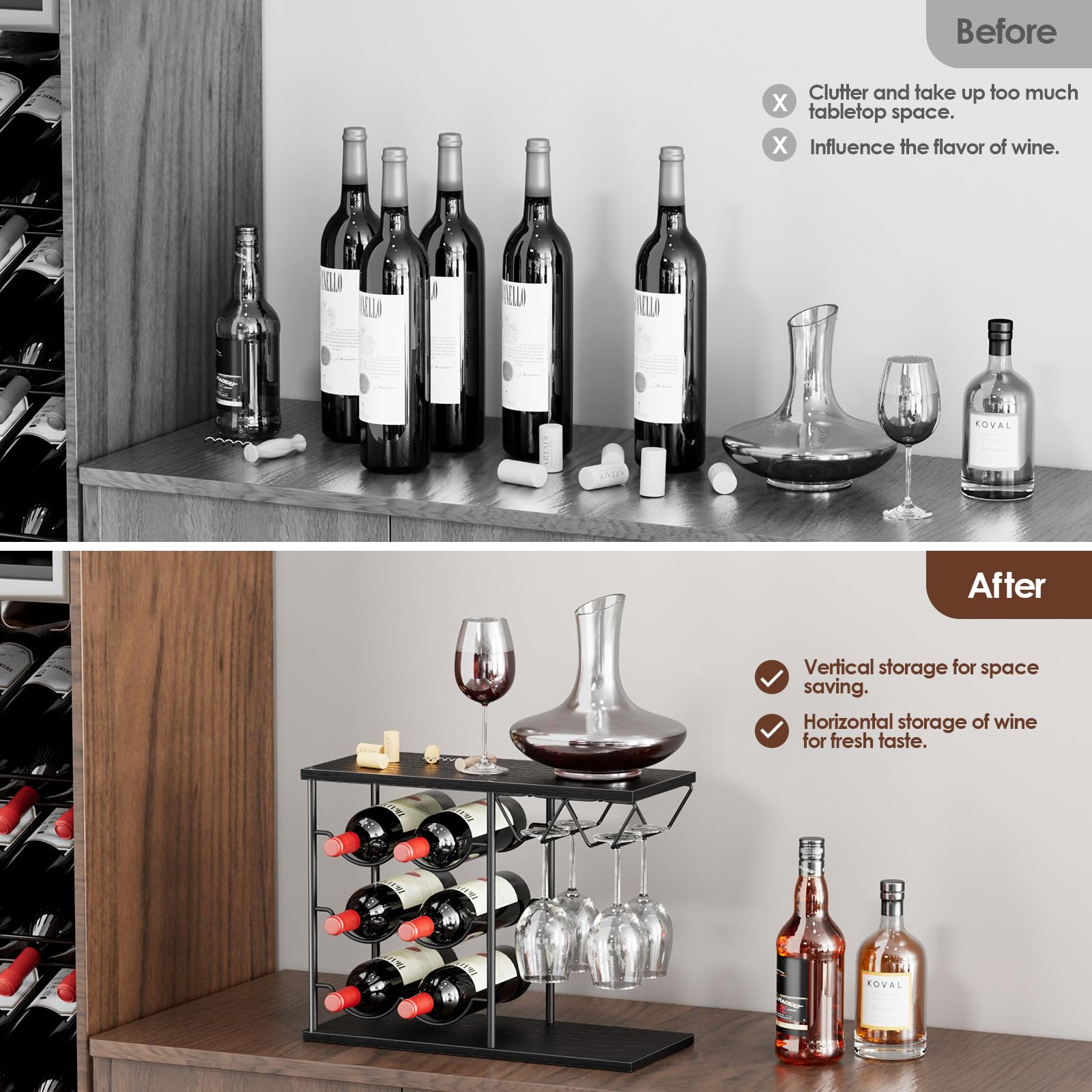 Nuovoware Wine Racks Countertop, Wine Bottle Holder for 6 Bottles & 4 Glasses Holder, Metal Wine Storage Organizer for Kitchen, Bar, Table, Cabinet, Wine Cellar, Black
