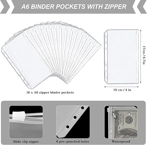 Miniatura 6 de Carpeta A6, cubierta de carpeta de cuaderno de cuero PU suave con 16 bolsillos, 12 hojas de presupuesto, 4 etiquetas adhesivas con letras (negro)