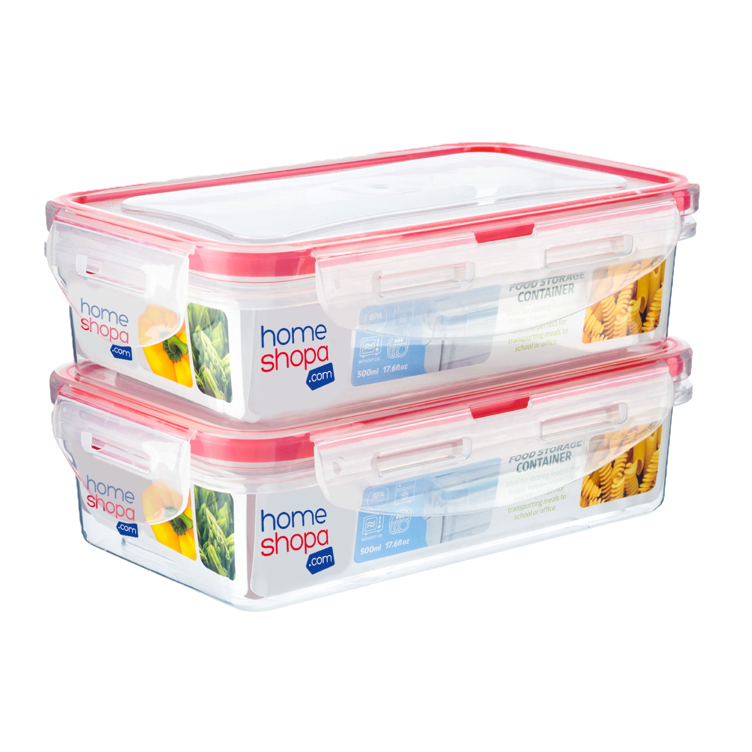 HOMESHOPA Plastic Airtight Food Storage Containers, 2 Pack 500ml BPA Free Leakproof Stackable Reusable Lunch Boxes, Meal Prep Container for Kitchen & Pantry, Microwave Freezer Dishwasher Safe