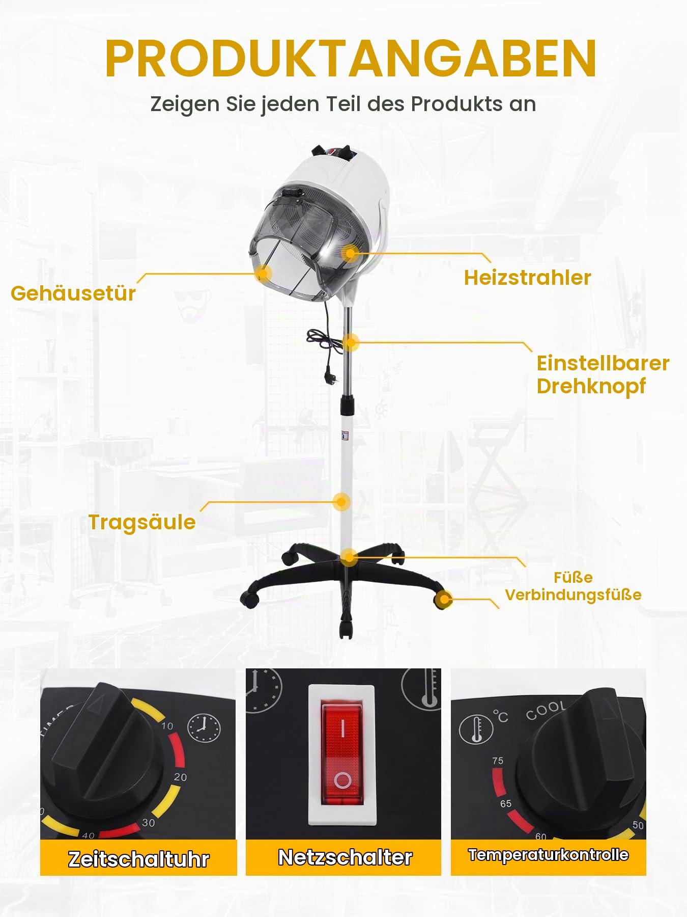 Haartrockner mit Stativ, Profi 1050W Friseur Haartrockenhaube, Höhenverstellbar 78-128cm, Schaltuhr 0-60 Min, Verstellbar Temperatur 0-75℃, Trockenhaube für Friseursalon, Weiß