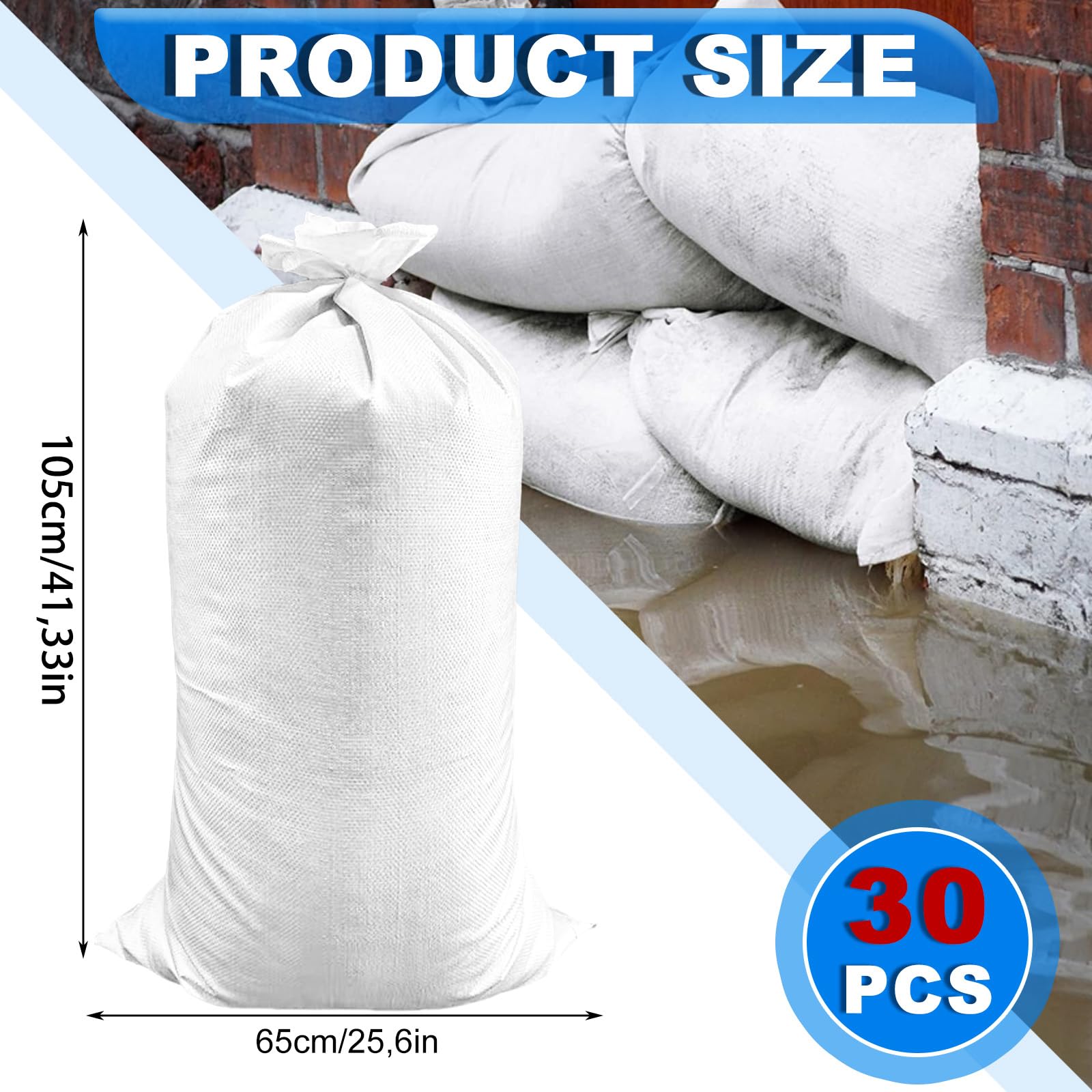 WOPPLXY Paquete de 30 sacos para escombros de 65 x 105 cm de PP blanco para protección contra inundaciones