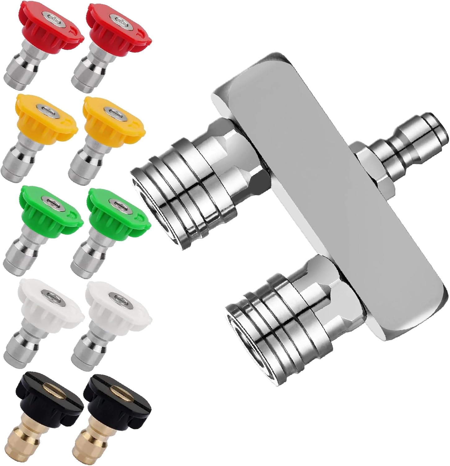 Pressure Washer Accessories, 2-in-1 Dual Pressure Wash Nozzle with 10 Tip Set Stainless Steel Spray Nozzle 1/4" Quick Connect 5000PSI for Cleaning Cars, Brick Driveways Patios Concrete Surfaces