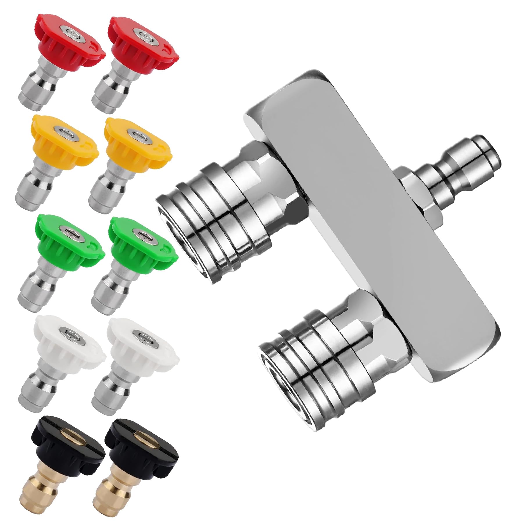 Boquilla Doble Adaptador para Hidrolimpiadora 2-en-1 con 10 Boquillas de Chorro – 5000 PSI, Conexión Rápida 1/4", Acero Inoxidable, 5 Ángulos (0° - 65°) Ideal para Coche, Terraza, Patio y Jardín