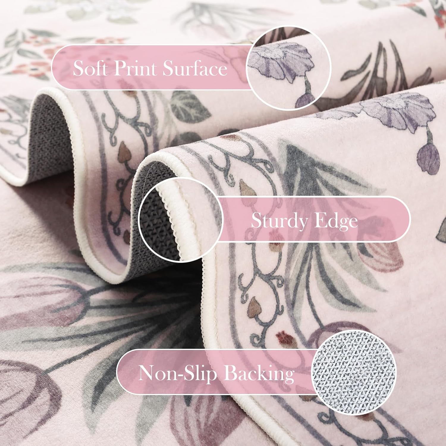 Wonnitar Pink Rugs for Bedroom Girls Nursery, Floral Print 5x7 Washable Rug, Boho Ultra-Thin Non Slip Soft Cozy Carpet for Room Decor Kids Playroom Office Living Room, Pale Pink