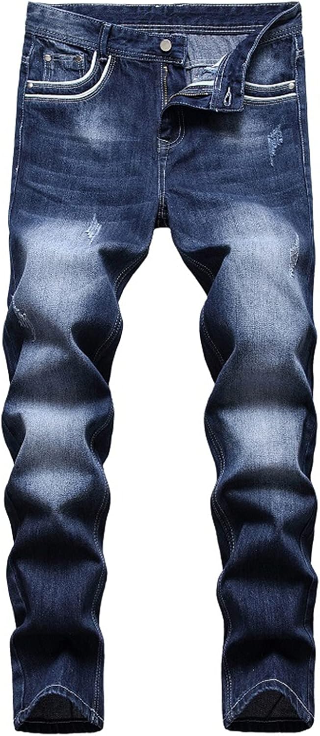 メンズファッションヴィンテージジーンズストレートスリムフィットカジュアルデニムパンツストリートウェアヒップホップストレッチパンツダークブルー 格安saleスタート
