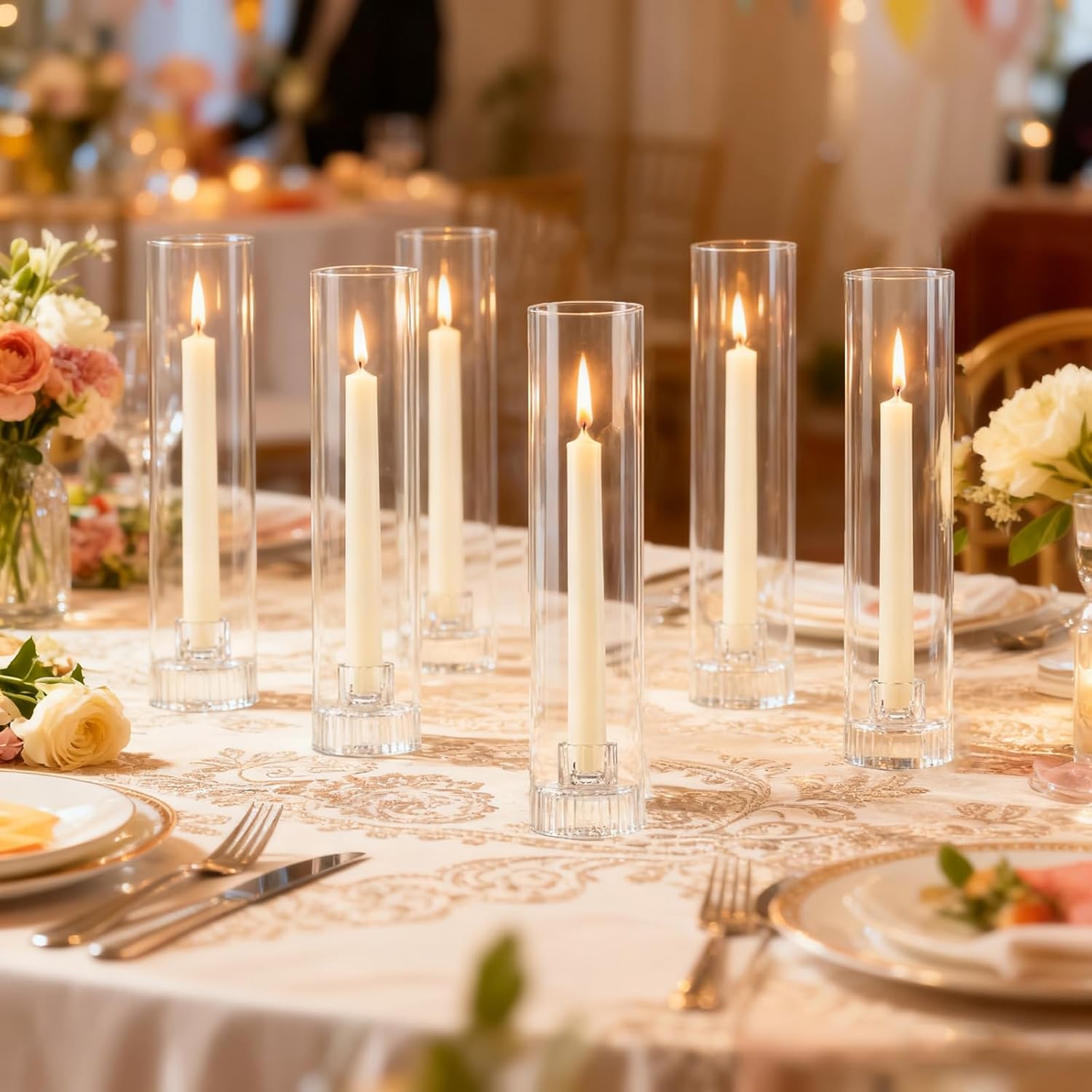 Hurricane Taper Candle Holders - Set of 6 Clear Glass Tapered Candlesticks with Covers, 11.8 inch Tall Fluted Candle Stick Holder Bulk, Ribbed Centerpieces for Wedding Christmas Table Decor - Image 3