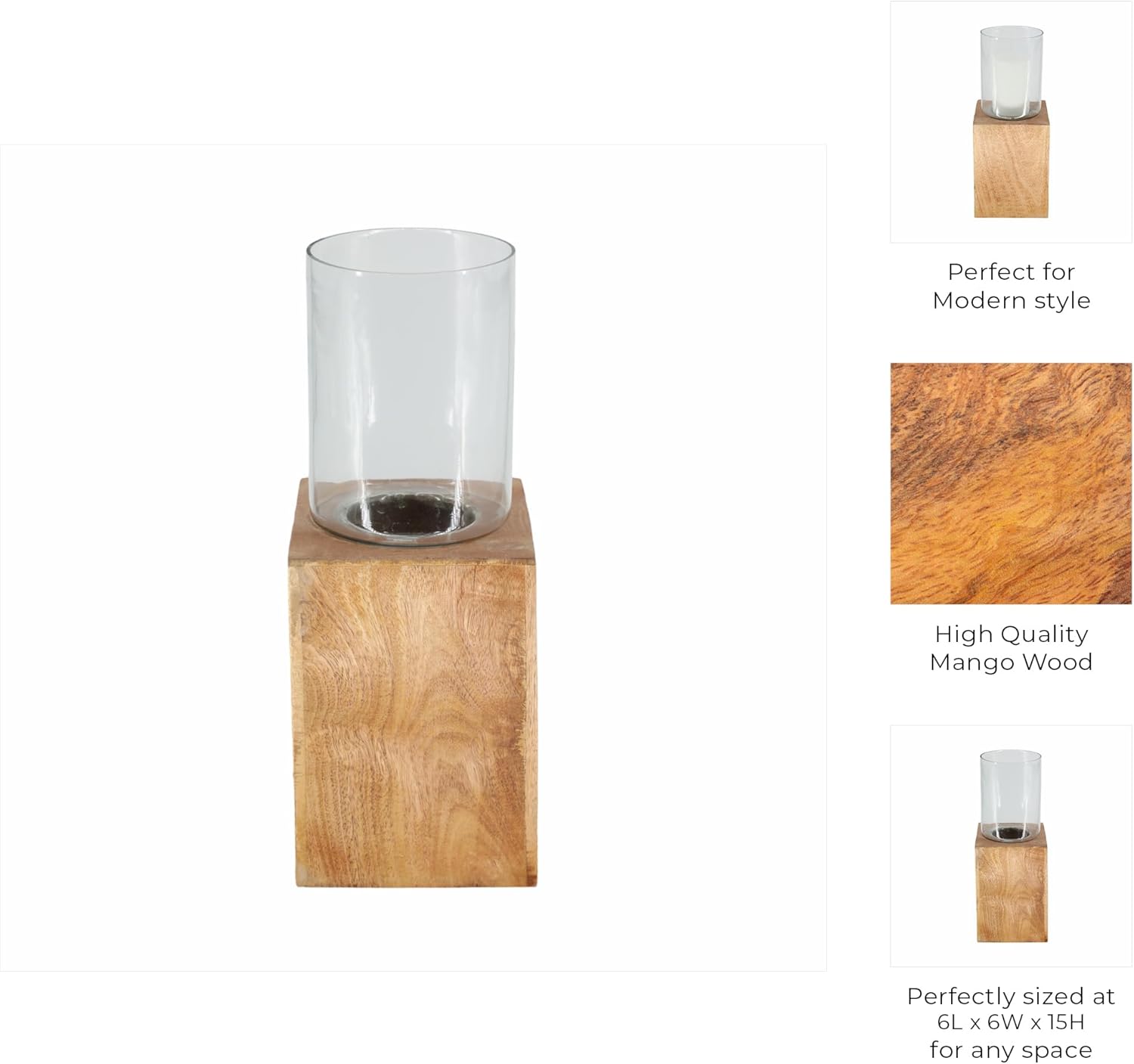 Sagebrook Home Natural Wood Solid Color Square Base Pillar Hurricane Candleholders