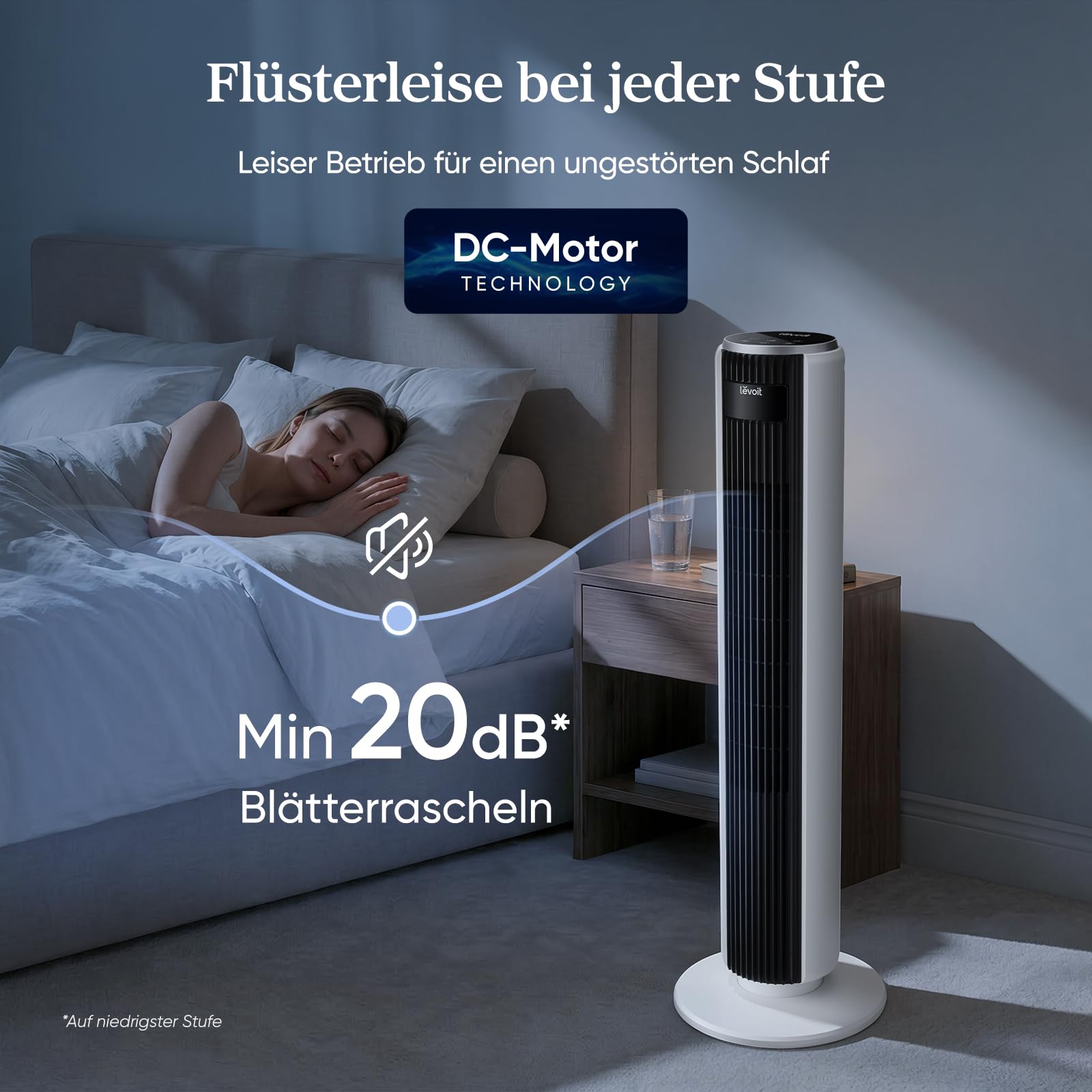 Levoit Tower Fan 92 cm 24W DC Motor 7,9m/s 20dB leiser Ventilator 4 Modi 12 Stufen 12 Std Timer Fernbedienung