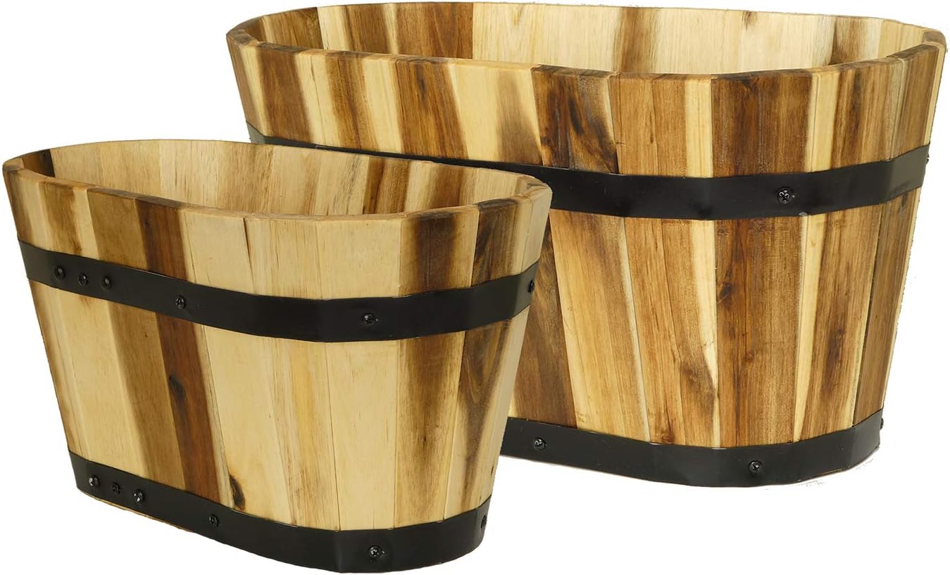 Set of 2 Acacia Wood Oval Barrel Planters with Metal Bands