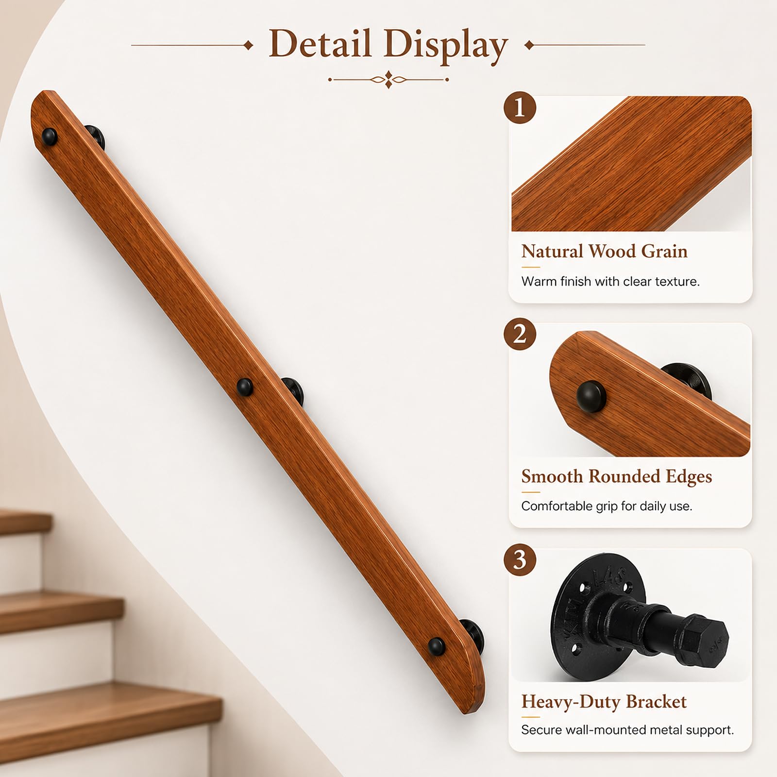 Wooden Handrails for Stairs Non-Slip Stair Banister with Brackets, 400cm - Image 4