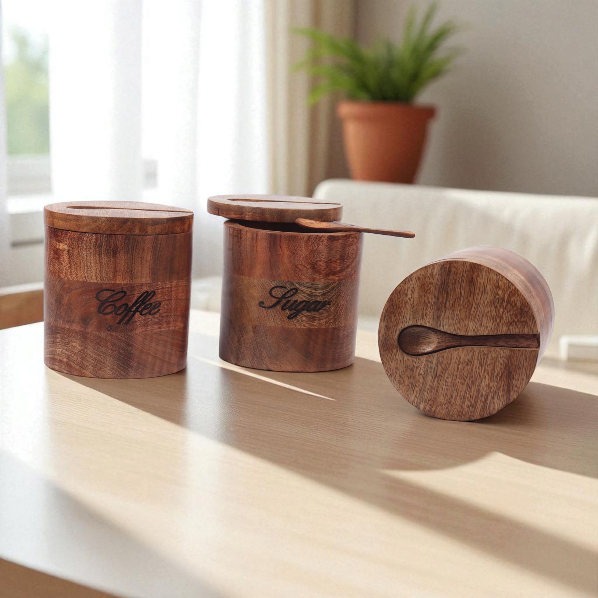 Barattolo in legno fatto a mano per tè, zucchero e caffè, contenitore in legno per tè e caffè, decorazione da cucina, barattolo in legno con testo inciso, confezione singola o