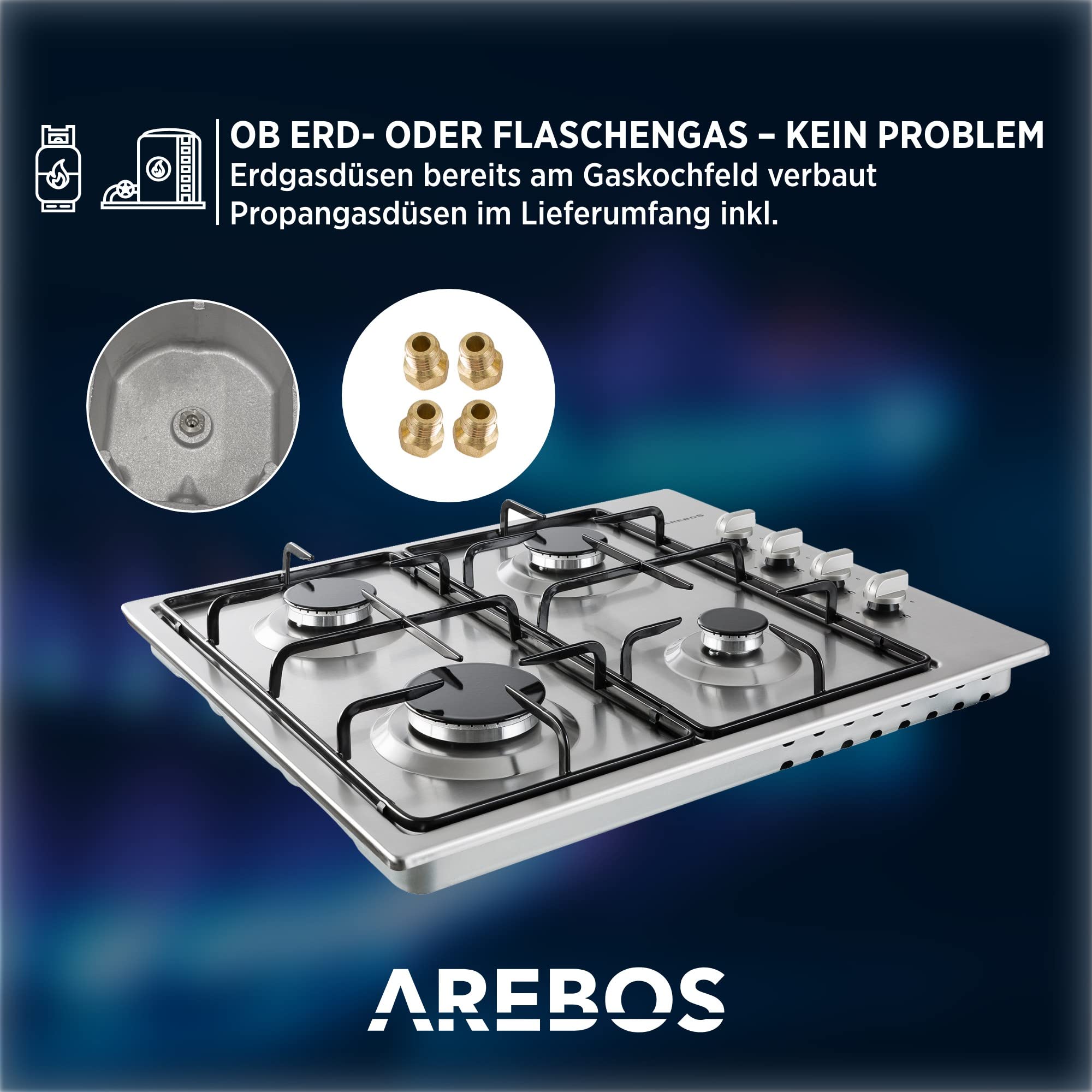 Arebos Gaskochfeld 4 Flammig | 58 cm Edelstahl Gasherd mit automatischem Flammenschutz | Erd- oder Propangas | Gaskocher Autark, effizient und energiesparend