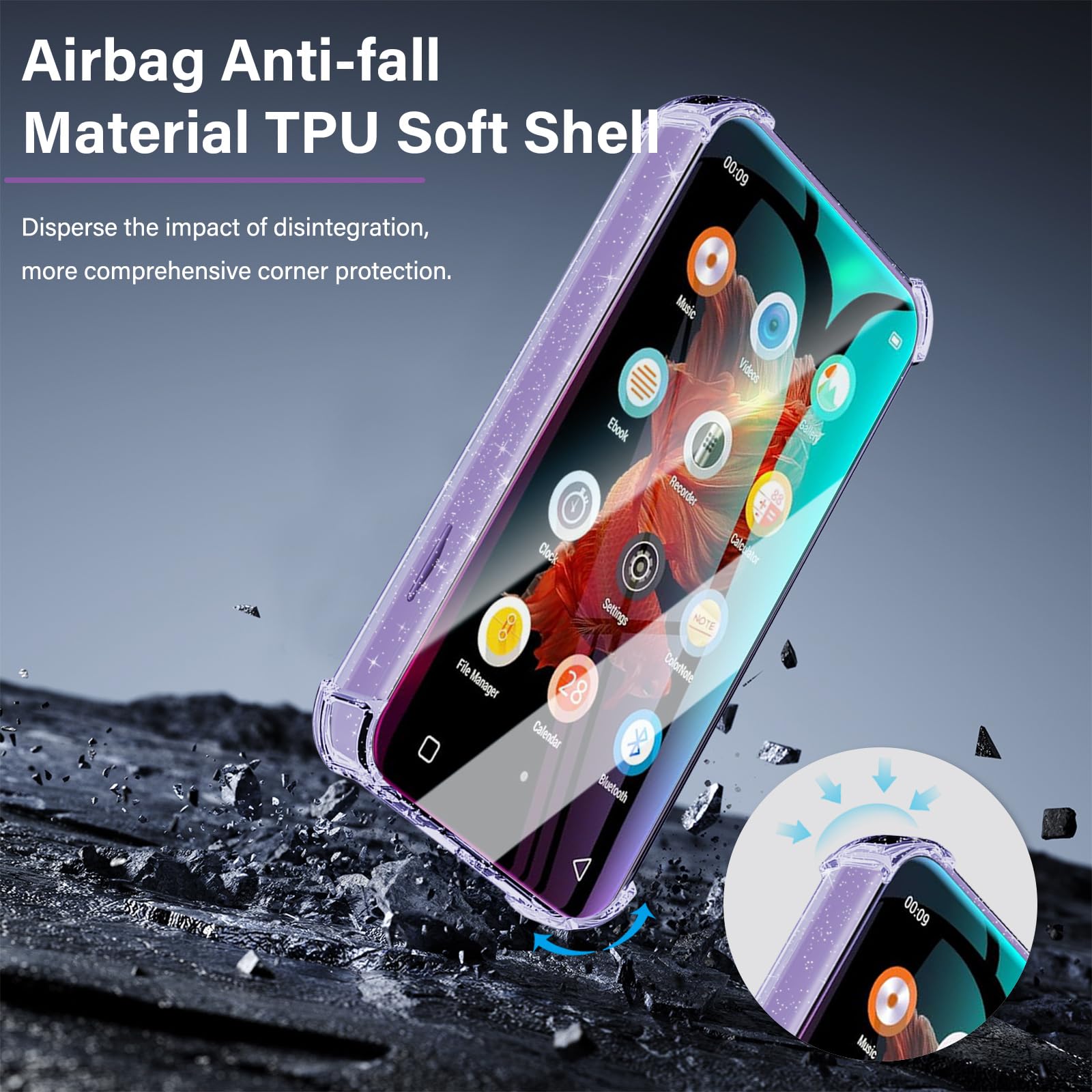 Schutzhülle und Displayschutzfolie aus gehärtetem Glas für innioasis G1 G3 MP3-Player, 2-in-1-Set, transparente TPU-Abdeckung, kratzfest, Stoßdämpfung, 9H Härte, HD klar, 2 Stück