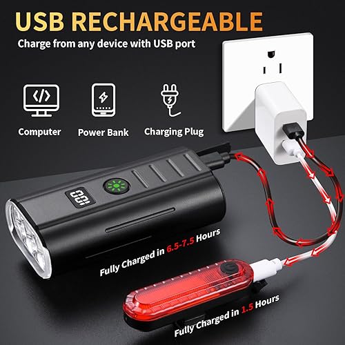 Miniatura 4 de Yosky Luces de bicicleta de 2000 lúmenes para conducción nocturna EVO 6800mAh 6 LED Faros y luces traseras de bicicleta recargable delantera y