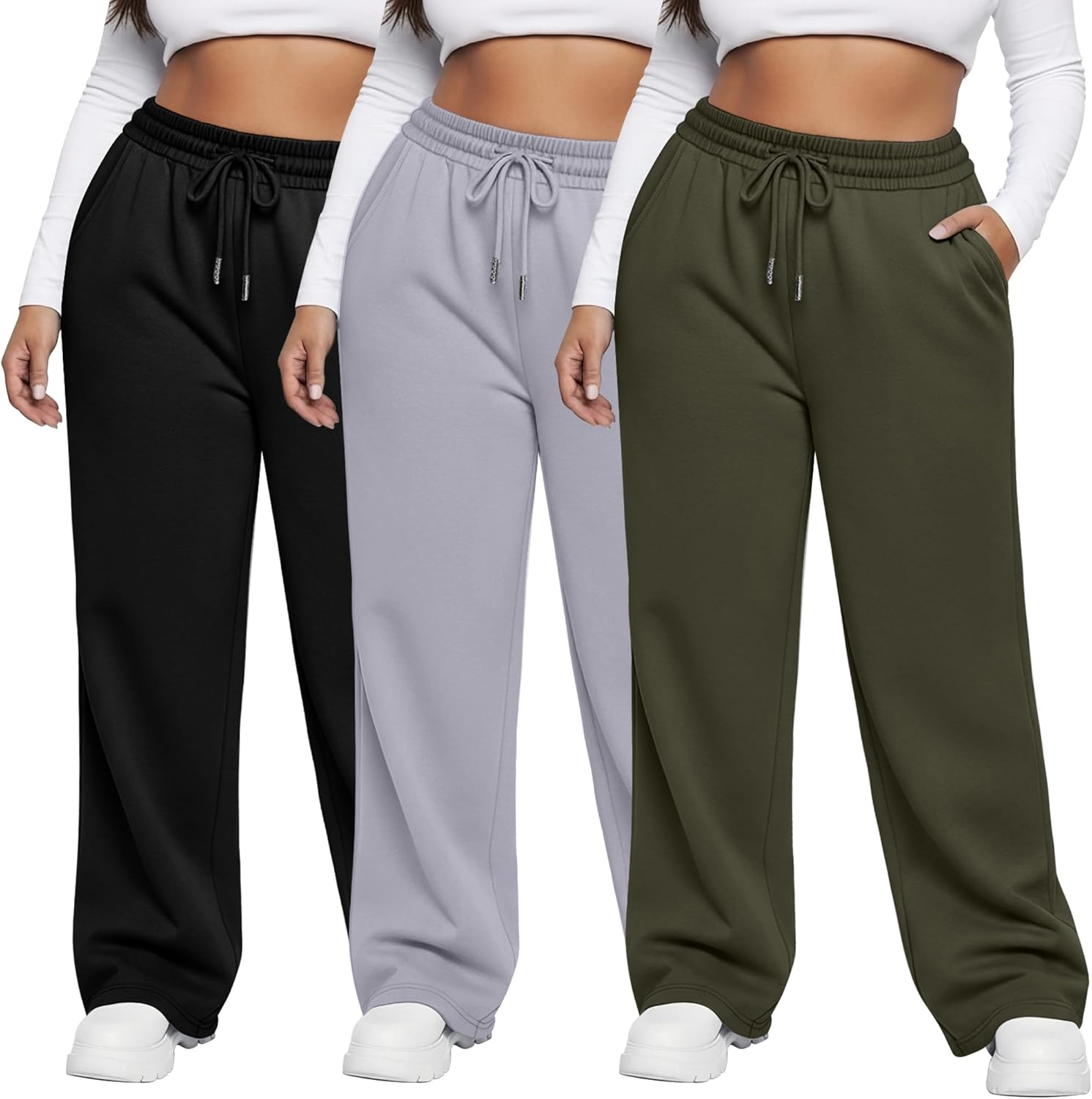 Neer 3 Pack Women's Plus Size Sweatpants Wide Leg Cargo Lounge Pants High Waist Ladies' Slacks Drawstring Jogger with Pockets