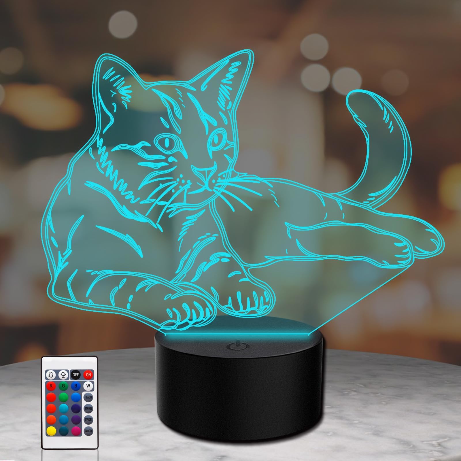 3D Illusion Lamp Cat Led Night Light, 16 Colors Changing USB Desk Lamps with Remote Control, Bedroom Decoration Table Lights for Kids Birthday Gifts
