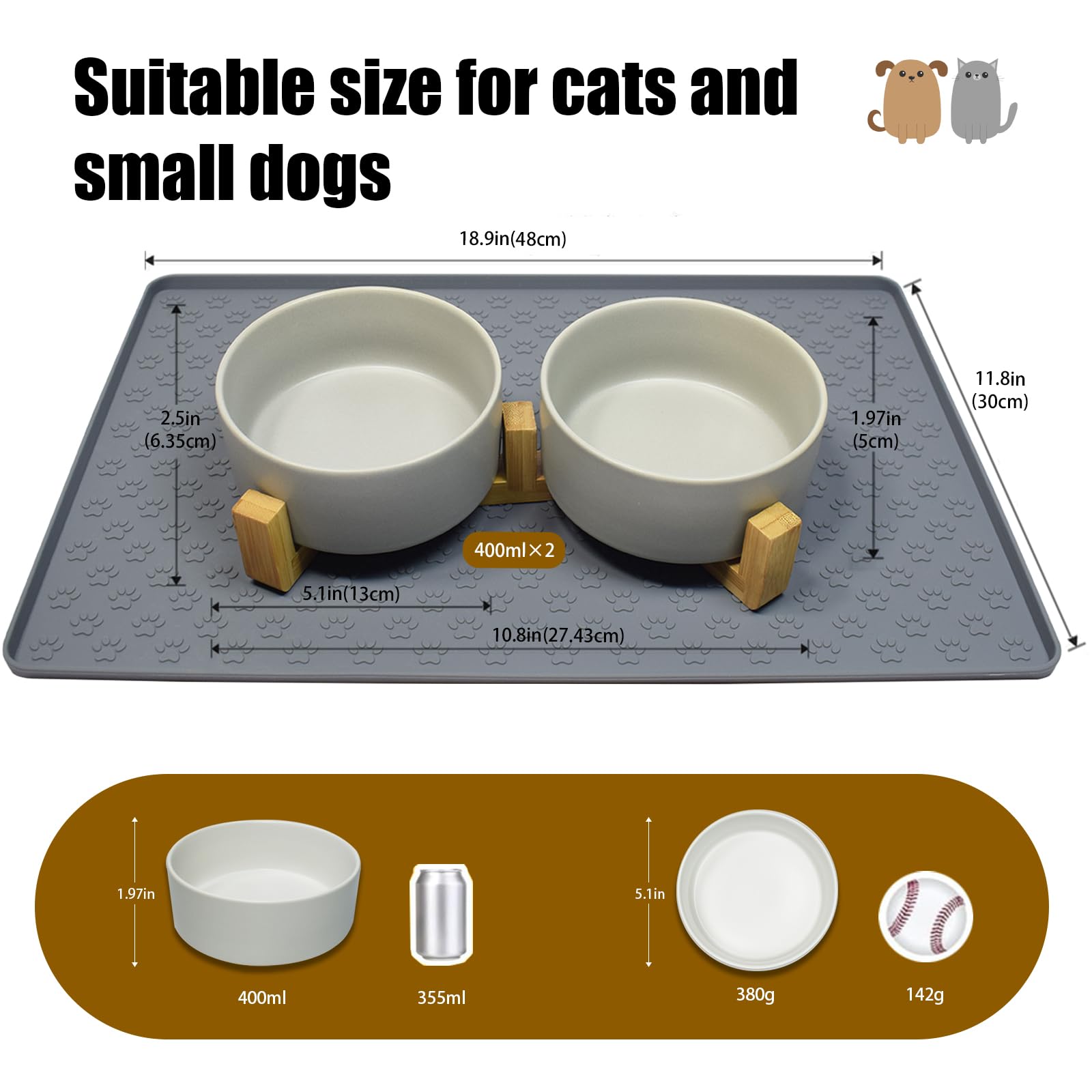 Nesirooh Ciotole per Cani Gatti Ceramica, Doppia Ciotola per Acqua e Cibo con Supporto in Bambù e Tappetino Antiscivolo per Gatti e Cani di Piccola Taglia (400ml, 2 Grigio)