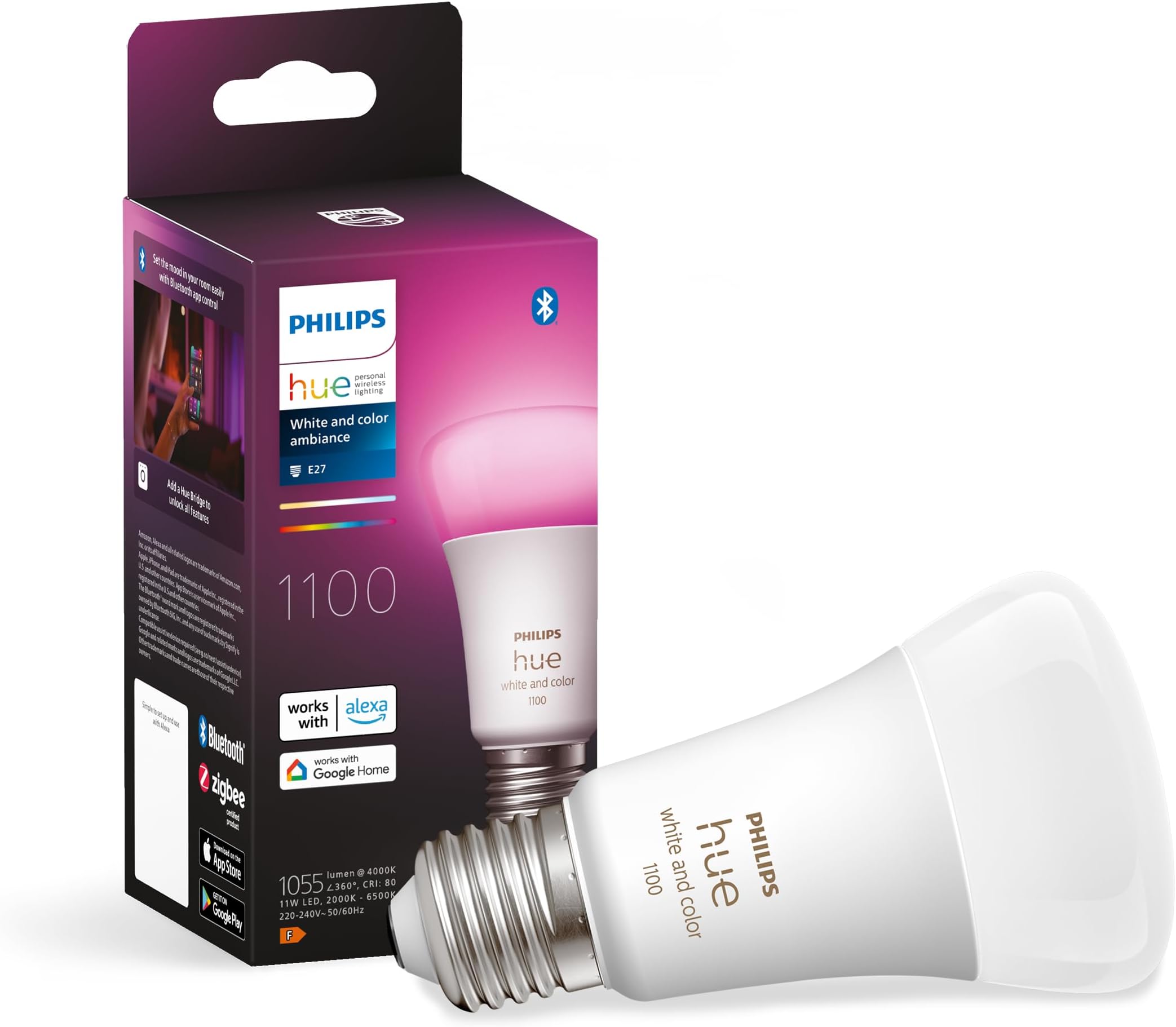 Standard Lamp 1-Pack - E27 - Durable LED Lighting - White and Coloured Light - Dimmable - Connect to Bluetooth or Hue Bridge - Works with Alexa and Google Home