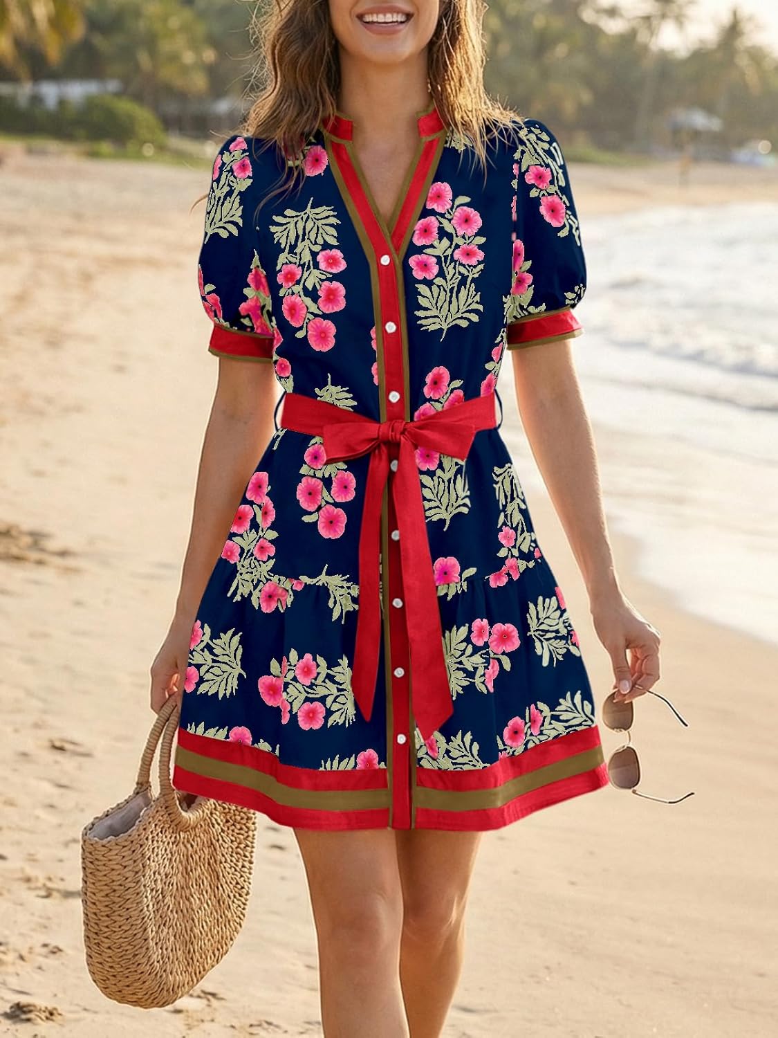 Wenrine Womens Summer Floral Mini Dress Puff Short Sleeve V Neck Button Down Casual Loose Boho Beach Dresses with Belt - Image 5