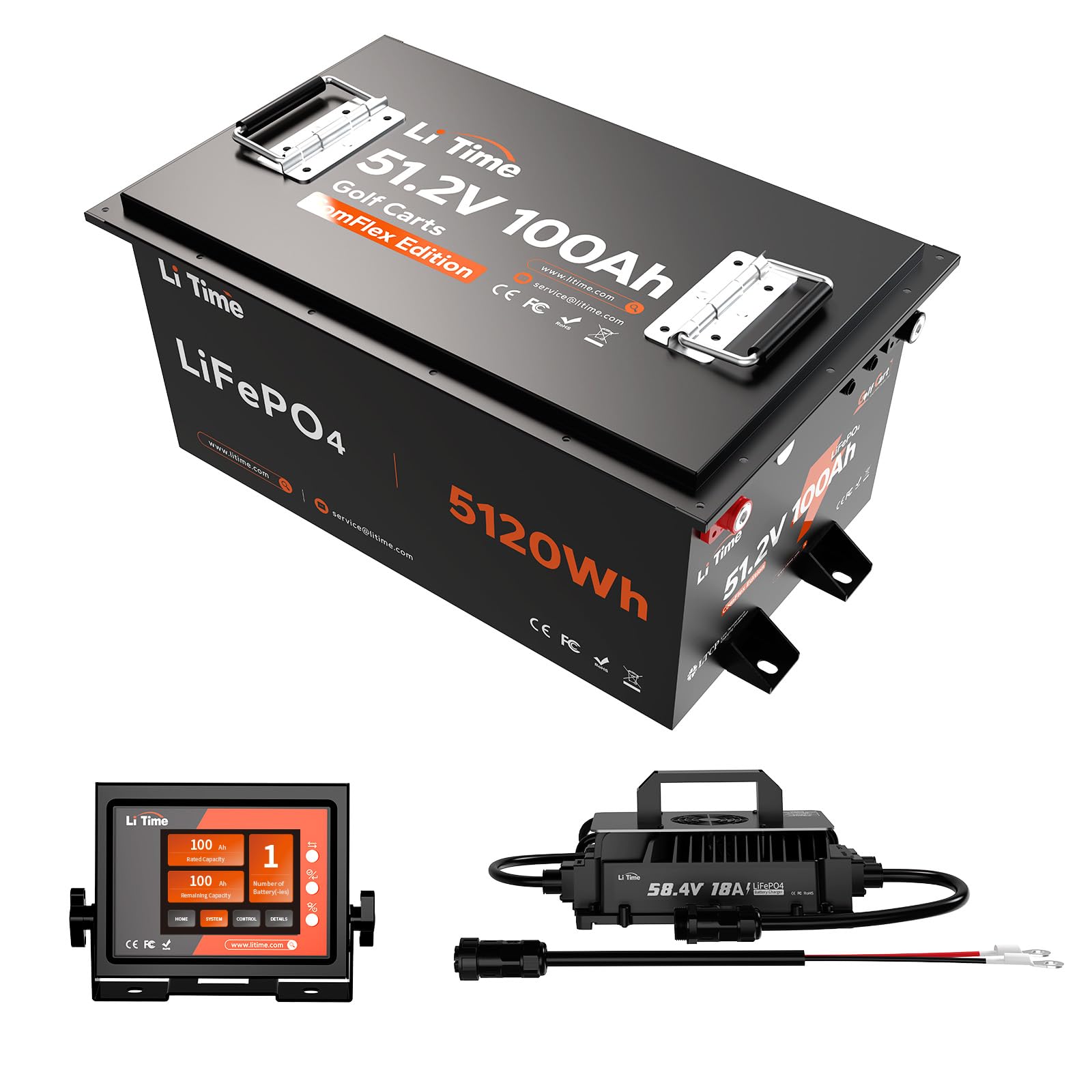 Litime48V 100Ah Lithium Golf Cart Battery, LiFePO4 Battery with 18A Lithium Battery Charger & Real-time monitor, Built-in Smart 200A BMS, Max 10.24kW Power Output, Perfect for Golf Carts