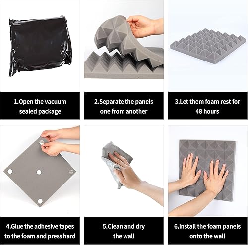 Miniatura 7 de Musfunny Paneles de espuma a prueba de sonido, 12 piezas de paneles de espuma acústica de 2 x 12 x 12 pulgadas, paneles de pared absorbentes de