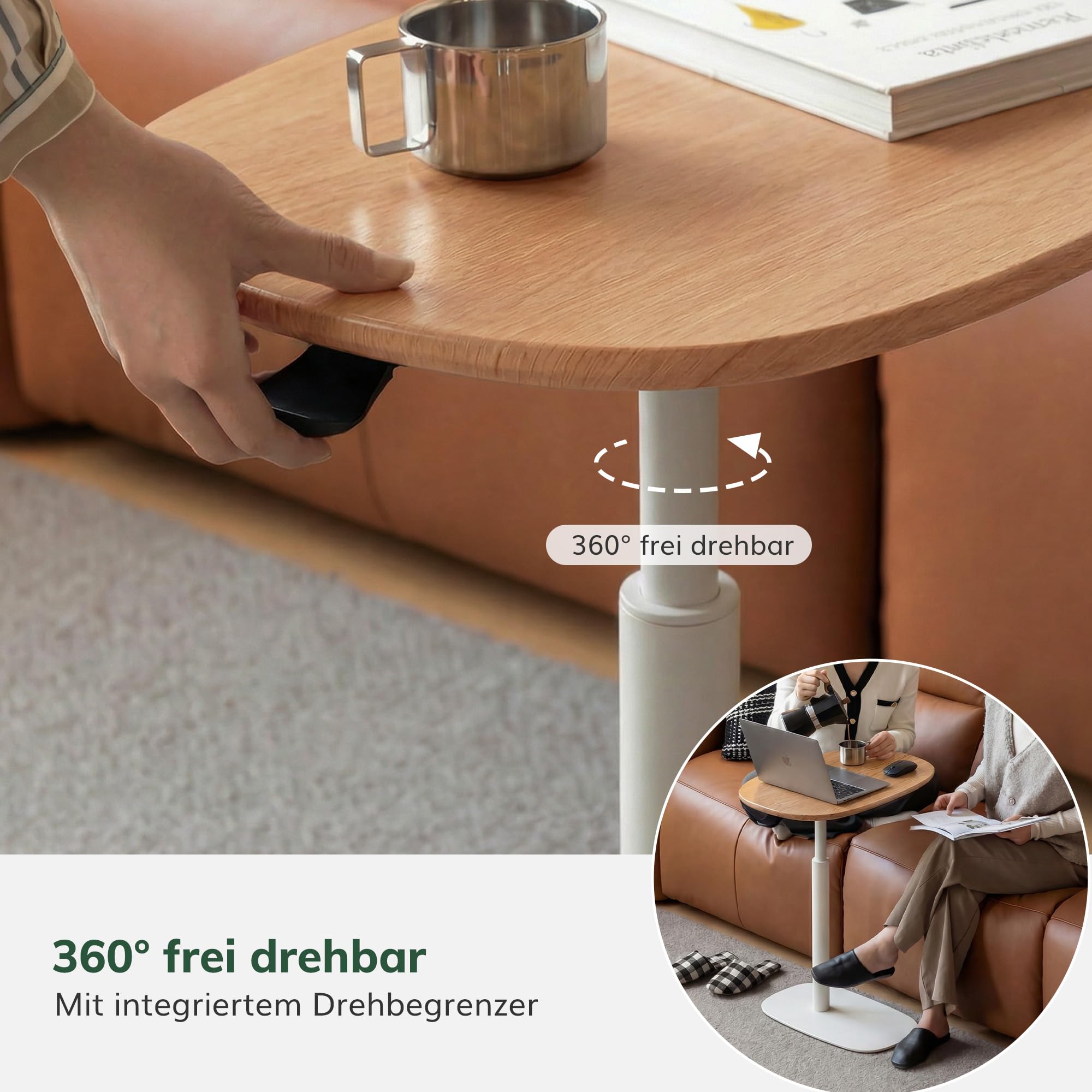 YESWOOD Beistelltisch C-Form höhenverstellbar & 360° drehbar, Couchtisch mit Metallgestell, Sofatisch für Wohnzimmer, Laptoptisch für Schlafzimmer,60 x 40 x 52-78,5 cm, Eiche