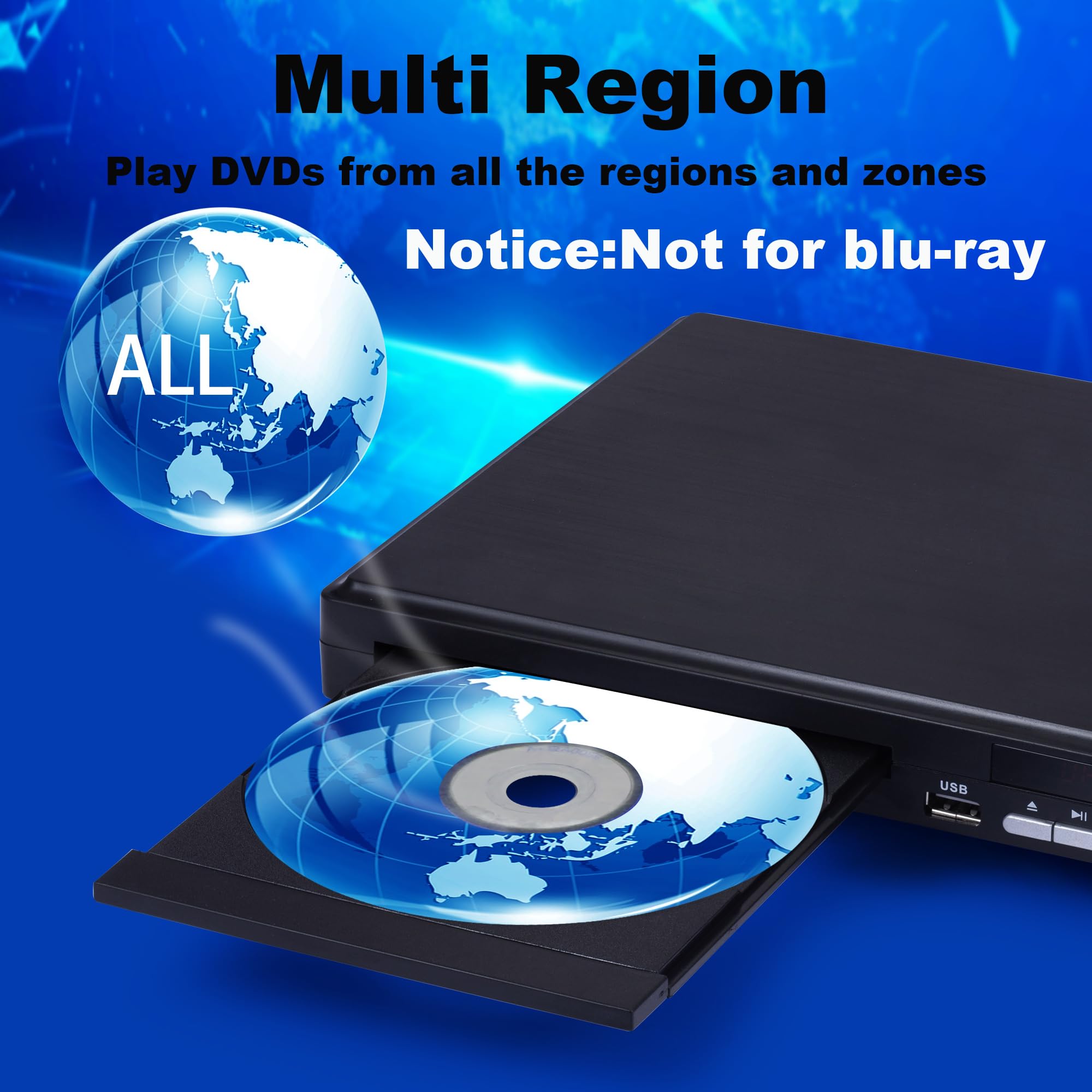 Reproductor de DVD para TV, reproductor de DVD HD 1080P para el hogar, reproductor de CD compacto sin regiones, con puerto USB 2.0, control remoto HDMI y cable AVI, sistema PAL/NTSC integrado (no para