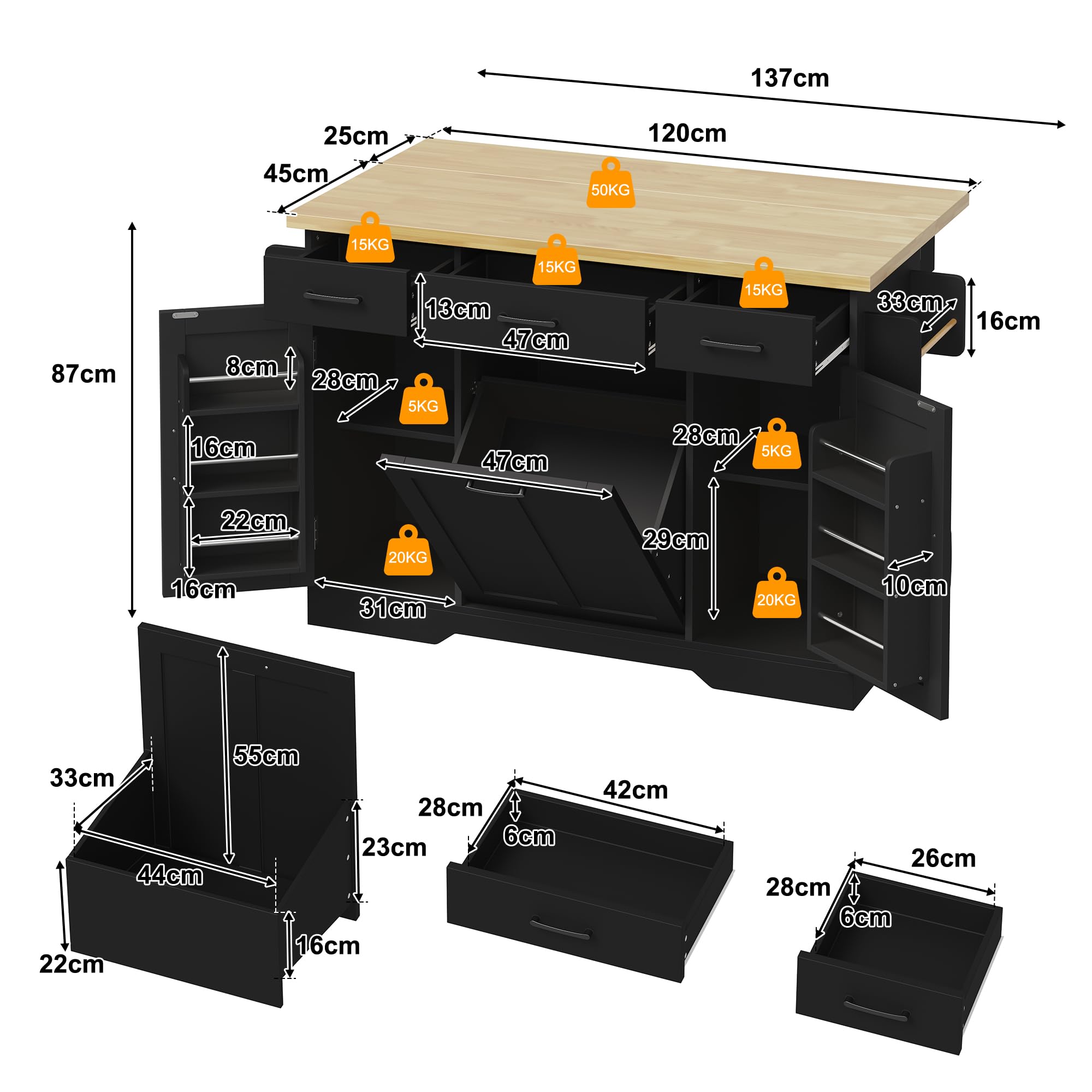 Küchenwagen, Kücheninsel mit Klapparbeitsplatte, Speisewagen Küchenschrank mit Rollen & Müllschrank, Mobile Buffetschrank Stauraumschrank mit Schubladen & Gewürzregal, 120x45(70)x87cm (Schwarz)