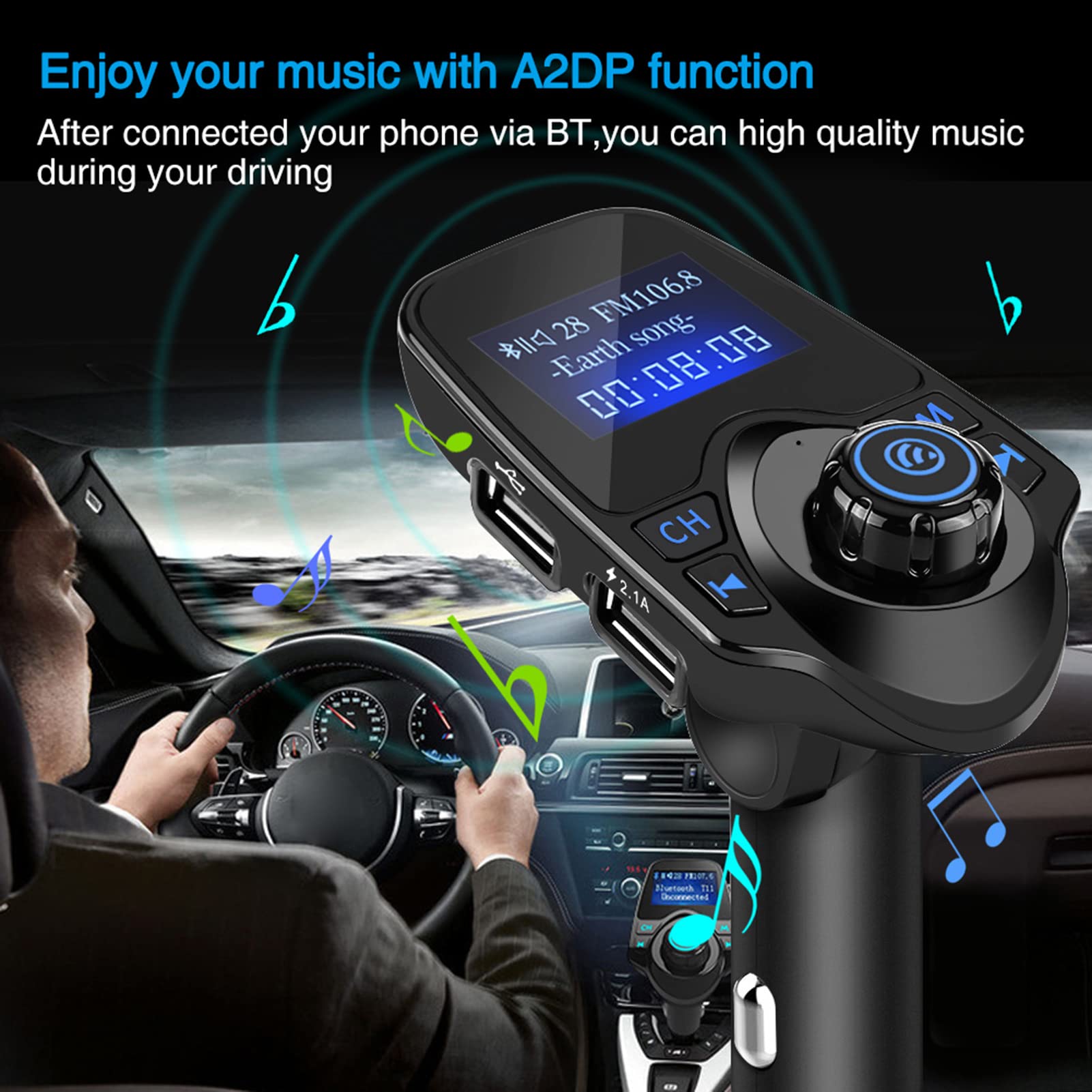 T11 Trasmettitore FM Bluetooth Auto Wireless Kit Vivavoce MP3 Player con Ricarica USB 5V 2.1A AUX In Out per Chiamate Musica Guida Quotidiana