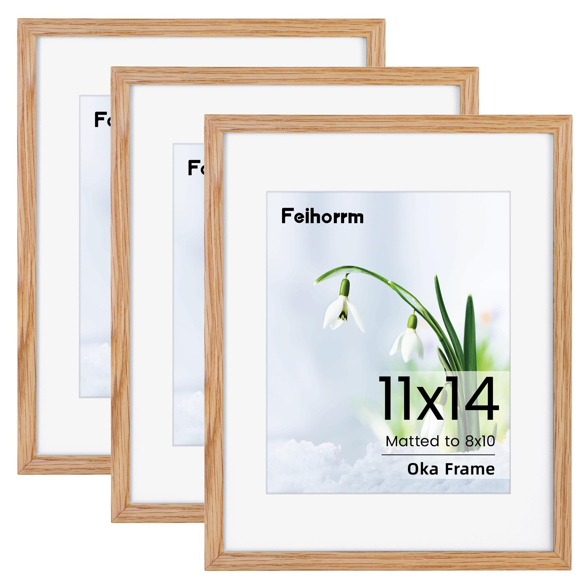 14x11 inch Picture Photo Frame 3 Pack, 14x11 Oak Frame Matted for 8x10 Photo Frame with Real Tempered Glass