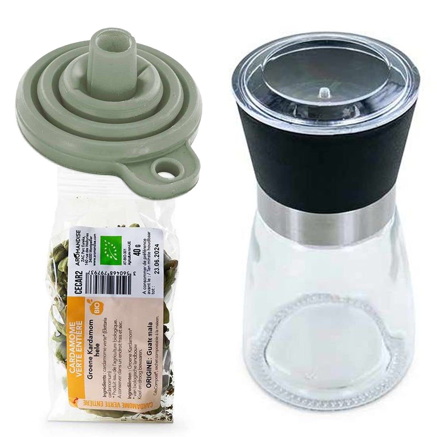 Spice mill, funnel and organic green cardamom