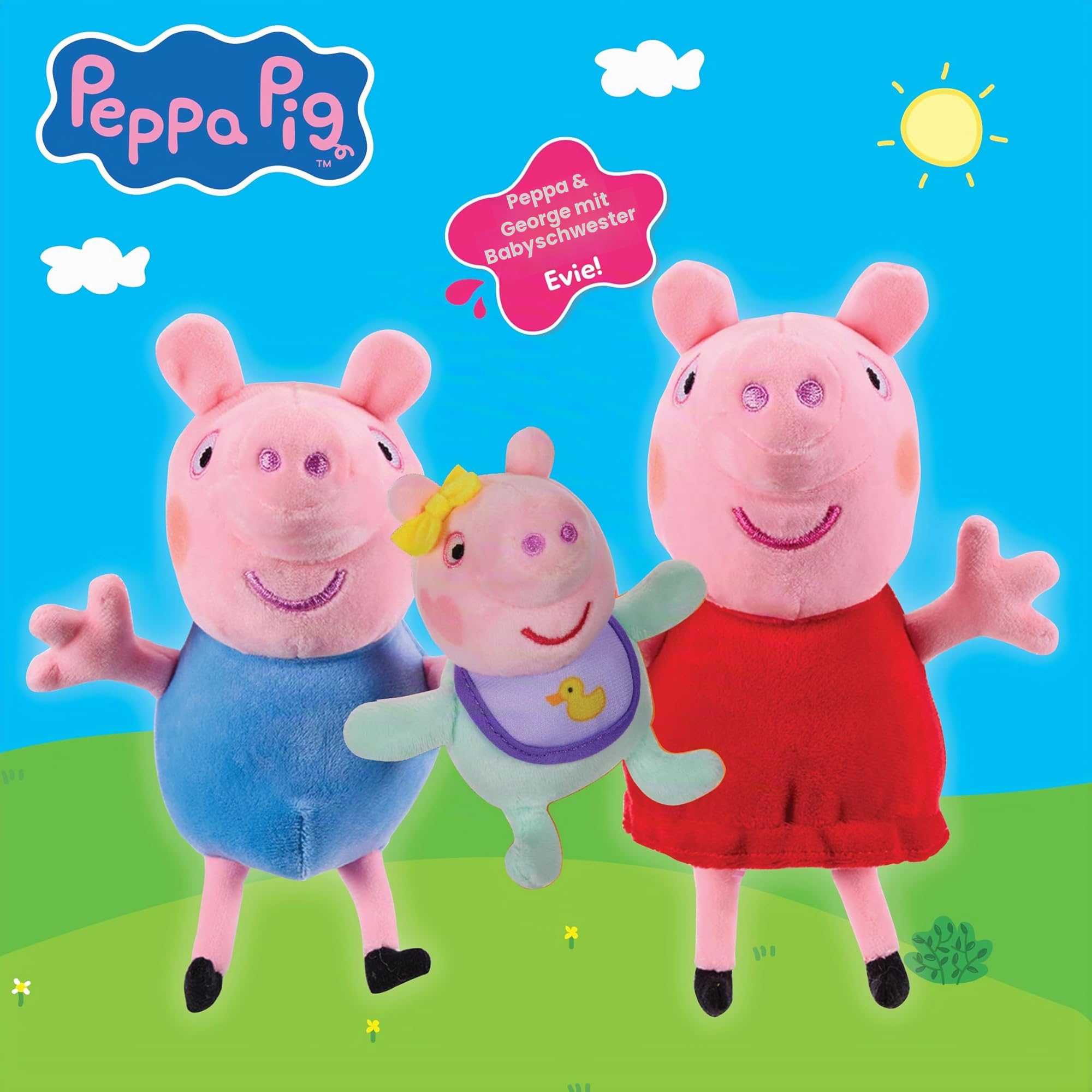 Peppa Pig Kuscheltiere 3er-Set – Peppa, Schorsch & Baby Evie – Superweiche Plüschfiguren im klassischen Peppa-Pig-Stil, Spielzeug ab 18 Monaten