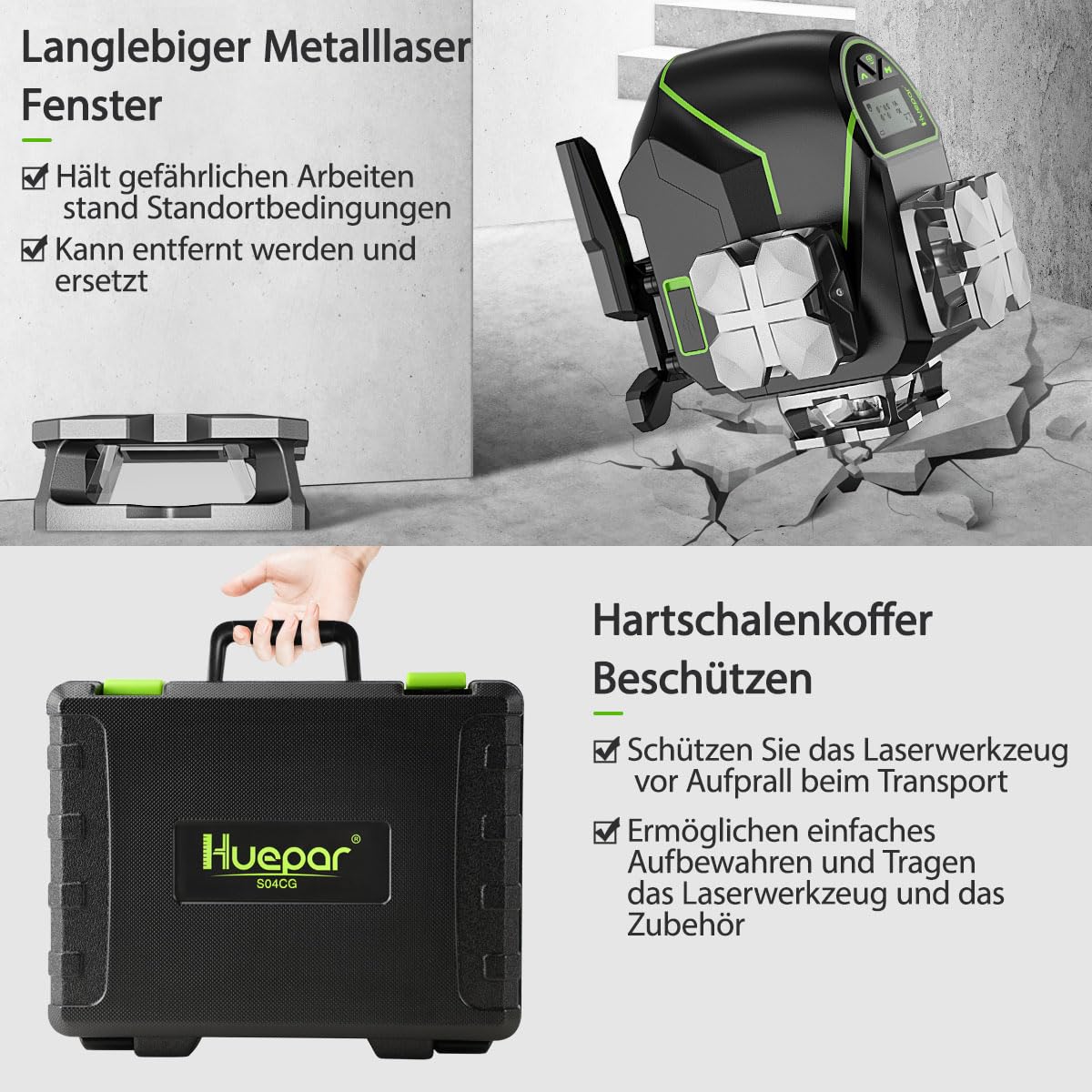 Huepar 16 Linien-selbstnivellierendes Laserniveau 4 x 360 ° mit LCD-Bildschirm, 4D Bluetooth Grüner Strahl Laserwerkzeug, Horizontal/Vertikal Laser -Fernbedienung & Hartschalenkoffer S04CG-C