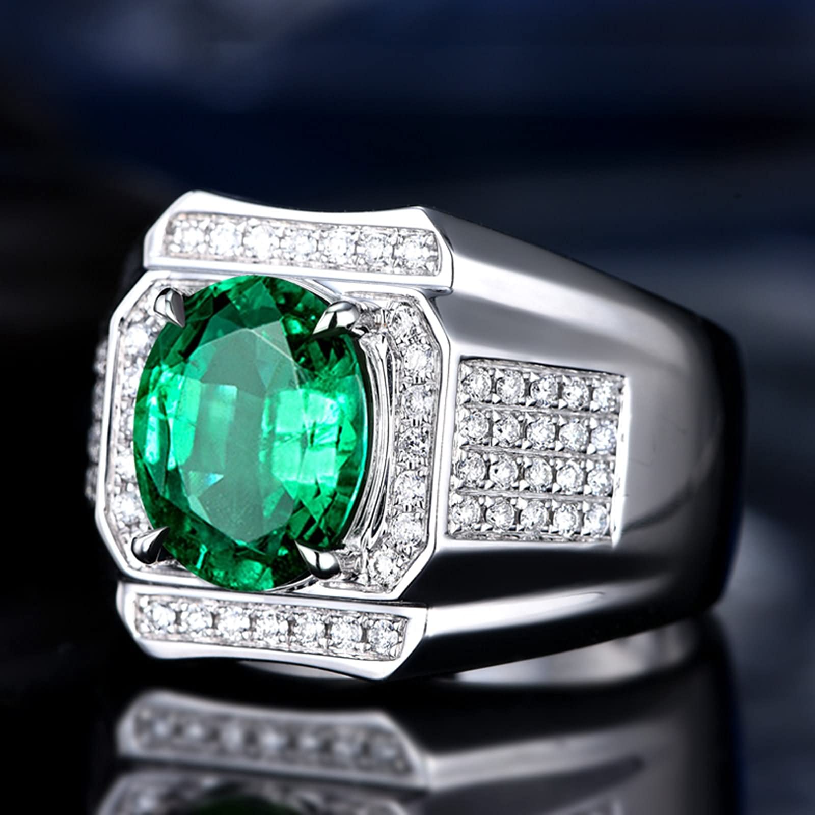 Ring Männer Gold, Ring aus 18 Karat Gold/925 Sterling Silber Breit Oval Lab Schuf Smaragd 3ct