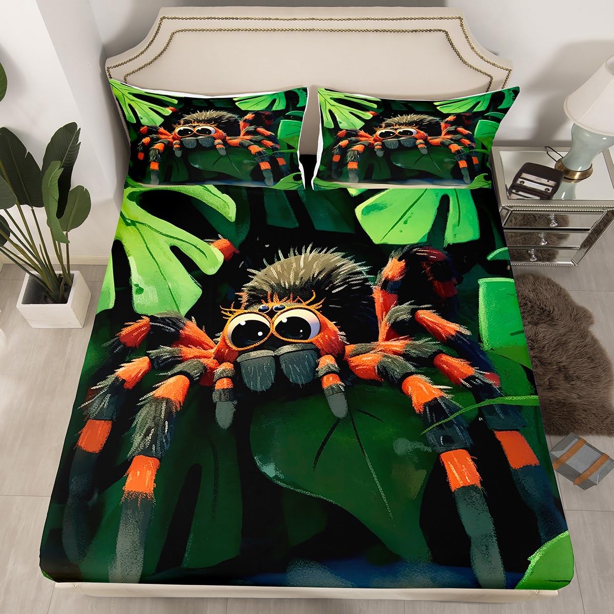Cartoon Tarantula Fitted Sheet,Palm Leaves Green Tropical Plants Bedding Set for Kids Teens Adults,Jungle Wild Animal Spider Decor Bed Cover with 2 Pillowcases(No Top Sheet),Queen Size 3 Pcs