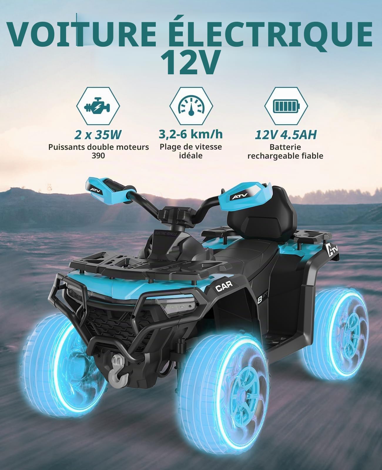 Voiture Électrique pour Enfants 12V, Quad Électrique Enfants, Batterie Rechargeable, LED Et Musique, Port USB, Connexion sans Fil, Vitesse 3km/h, 3-8 Ans, Bleu Turquoise