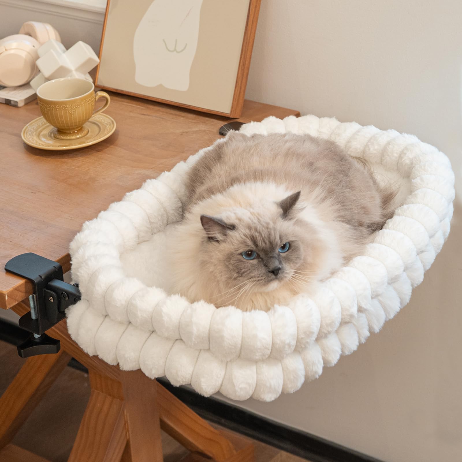 CheerPals Cat Desk Bed & Table Perch - Foldable Clamp-On Hammock for Indoor Cats, Sturdy Metal Frame with Reversible Winter Plush & Summer Mesh Seat, Space Saving Hanging Lounger, Washable Cover