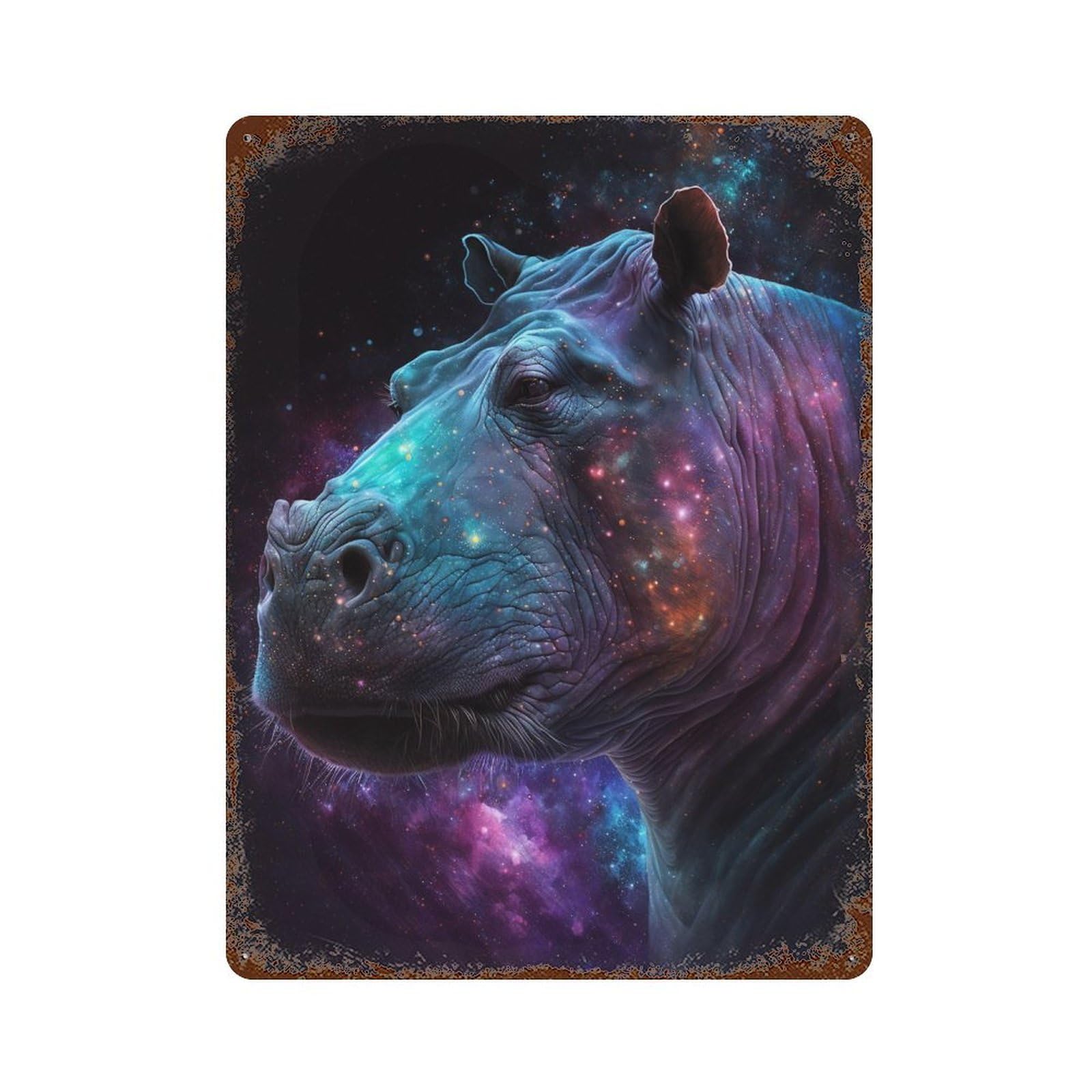 Rust Effect Cosmic Hippo Portrait-4 Distressed Metal Wall Sign 15.7"x11.8", Farmhouse Wall Decor for Office, Studio And Wall Decor